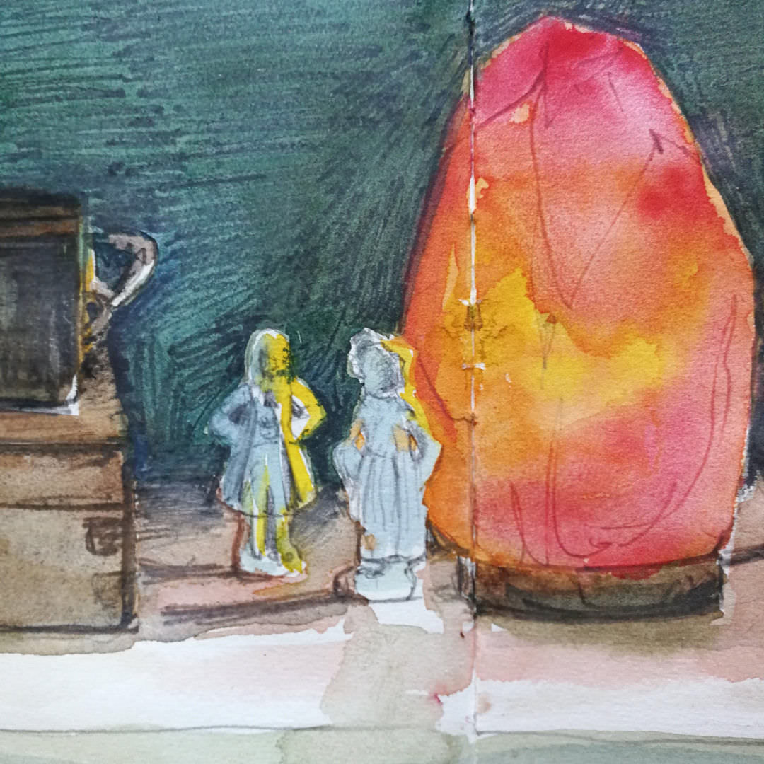 Watercolour and pencil drawing of two ceramic figurines and a salt lamp