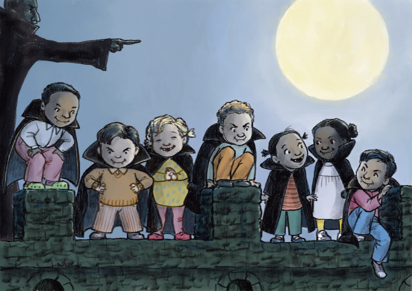 Young vampires standing on a castle wall under a full moon