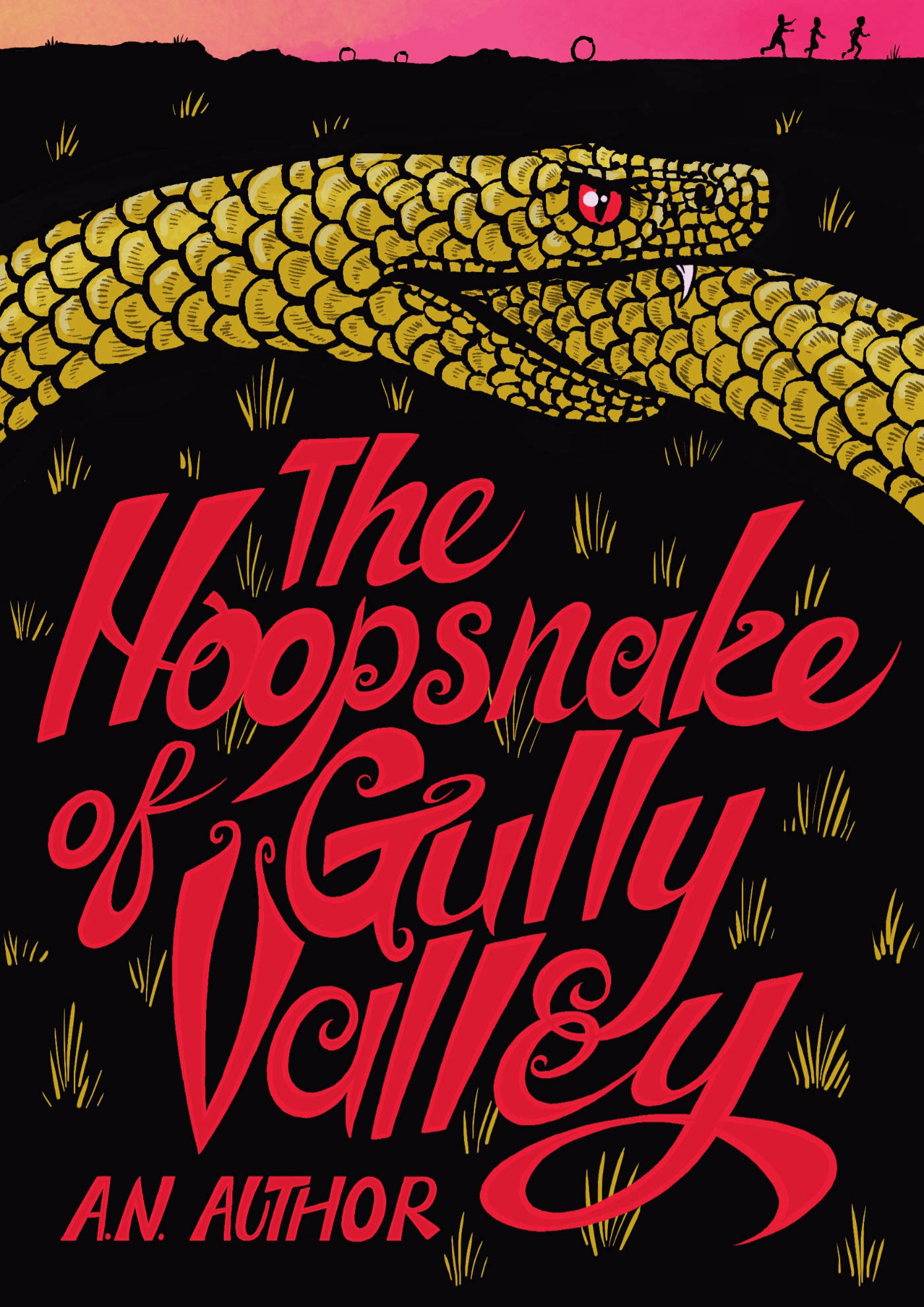 A yellow hoopsnake against a black background, with silhouetted children running along the horison