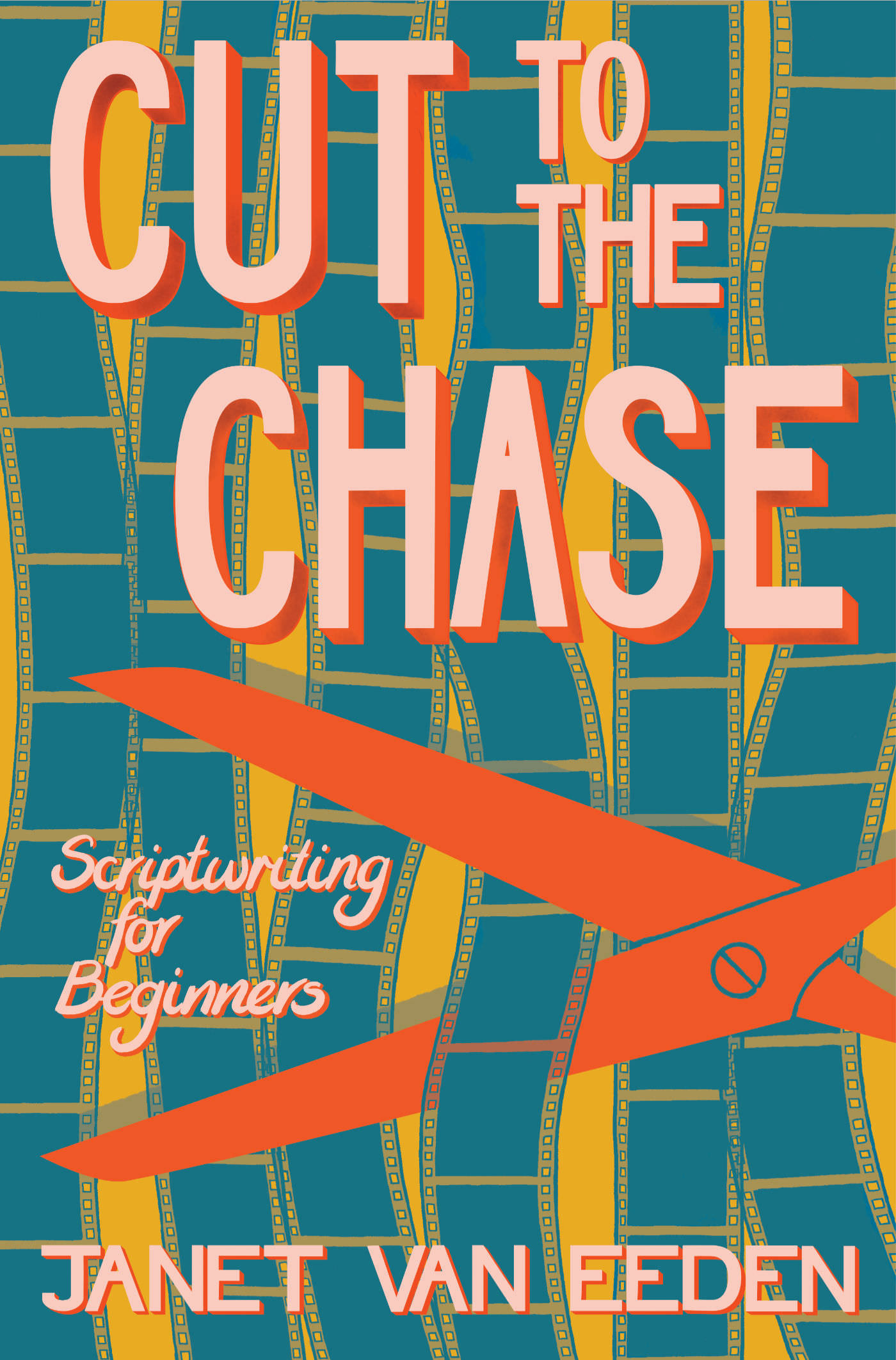 Orange scissors cutting through blue film strips