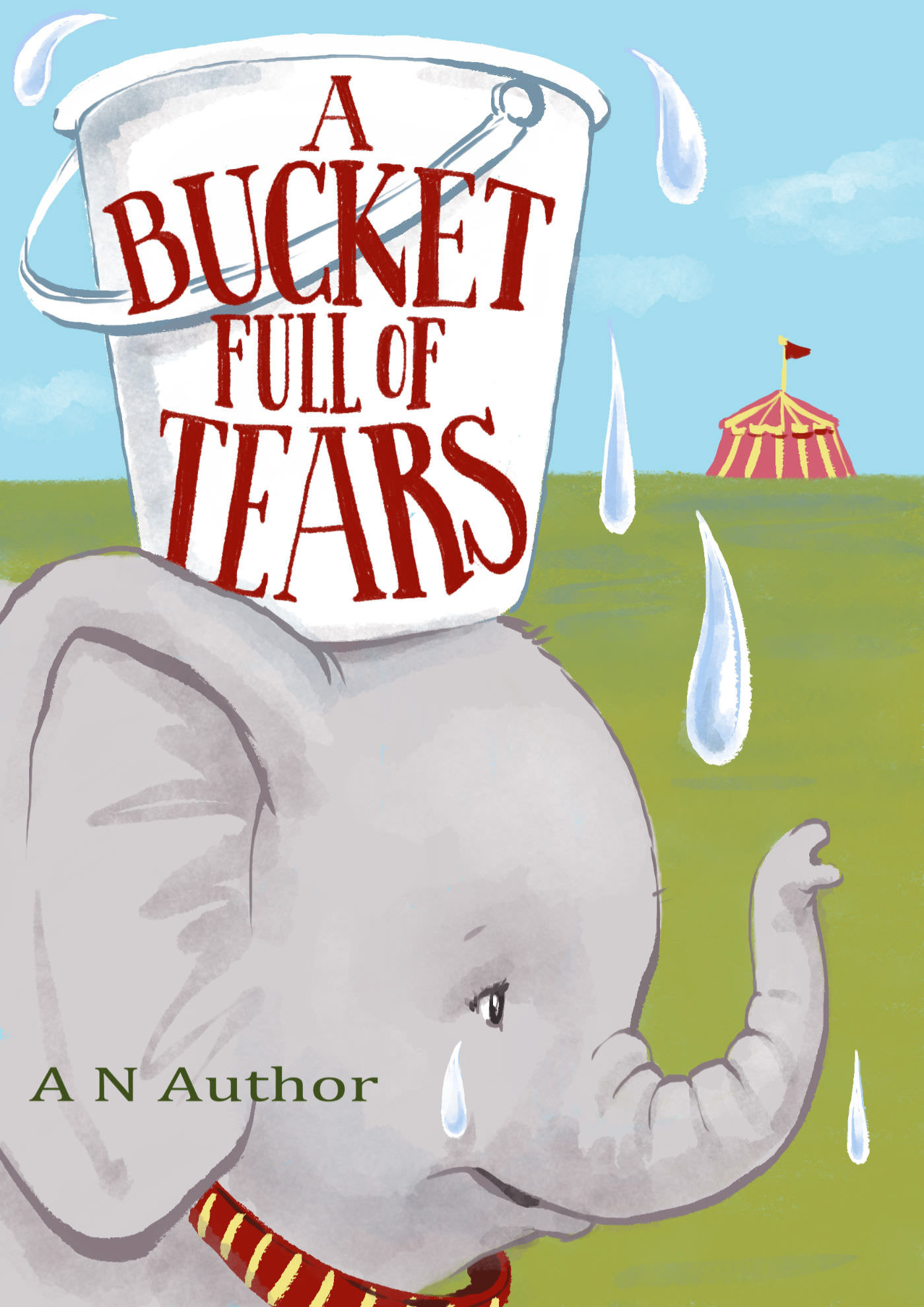 A crying baby elephant has a large bucket on it's head. A pink circus tent is far in the background.