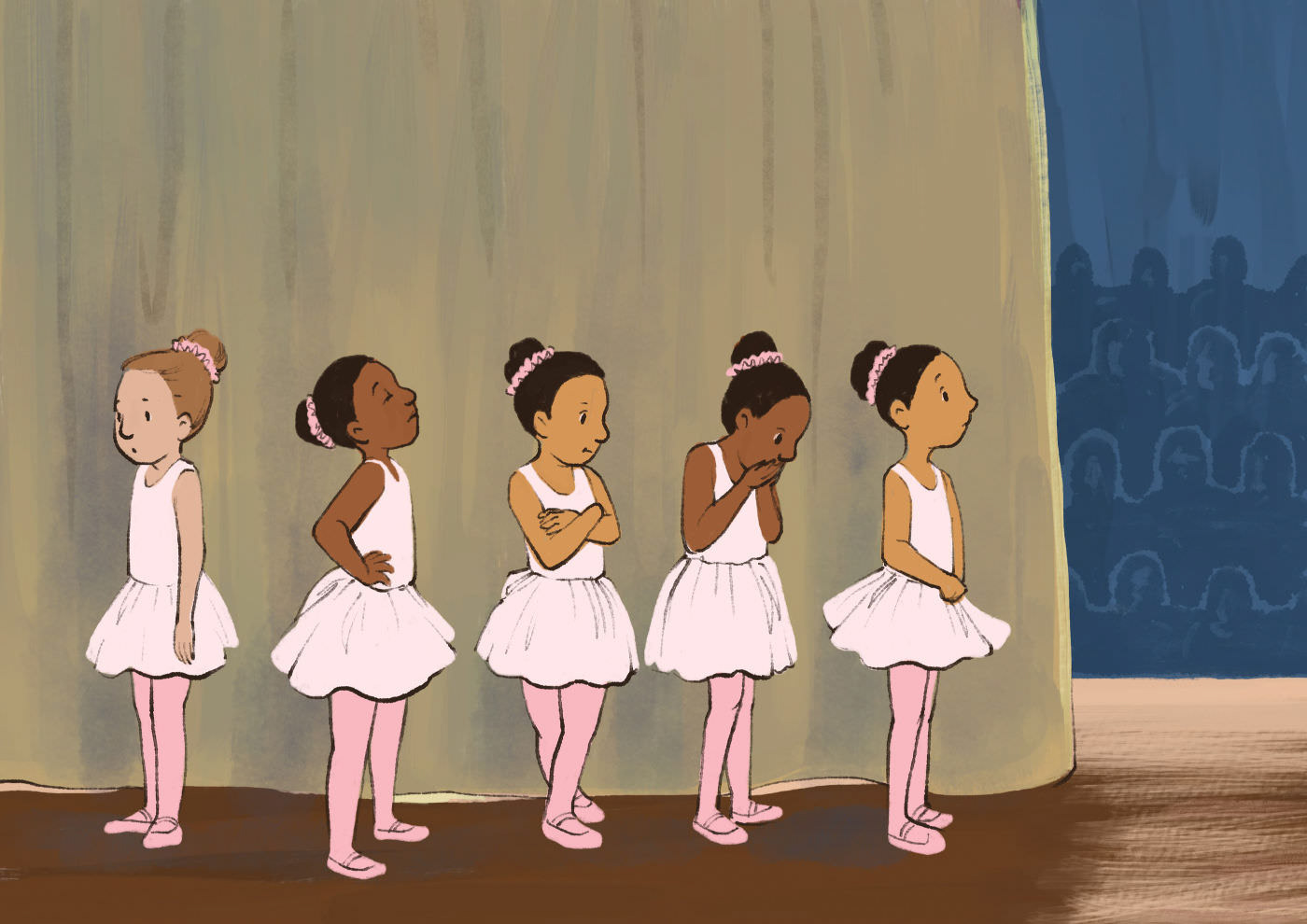 Five young ballet dancers nervously waiting to go on stage