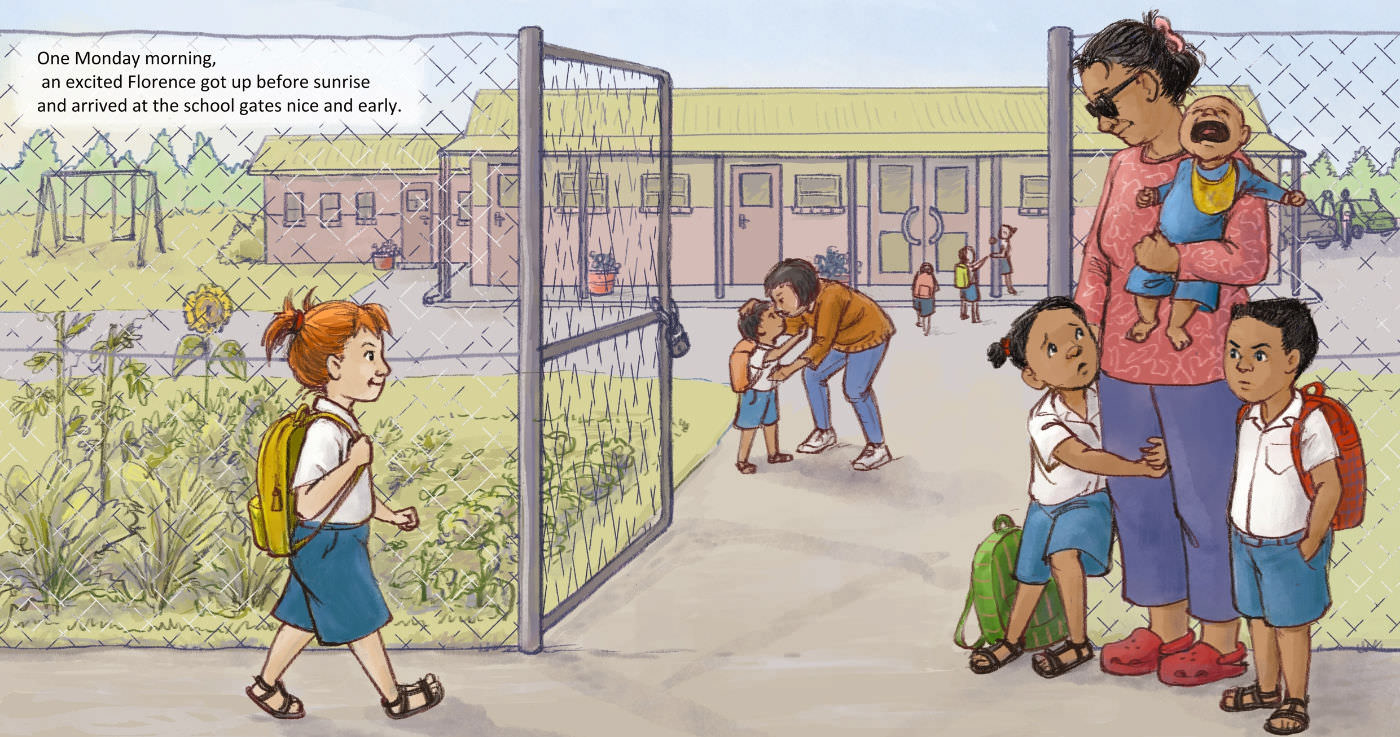 Children arriving at school gates early morning