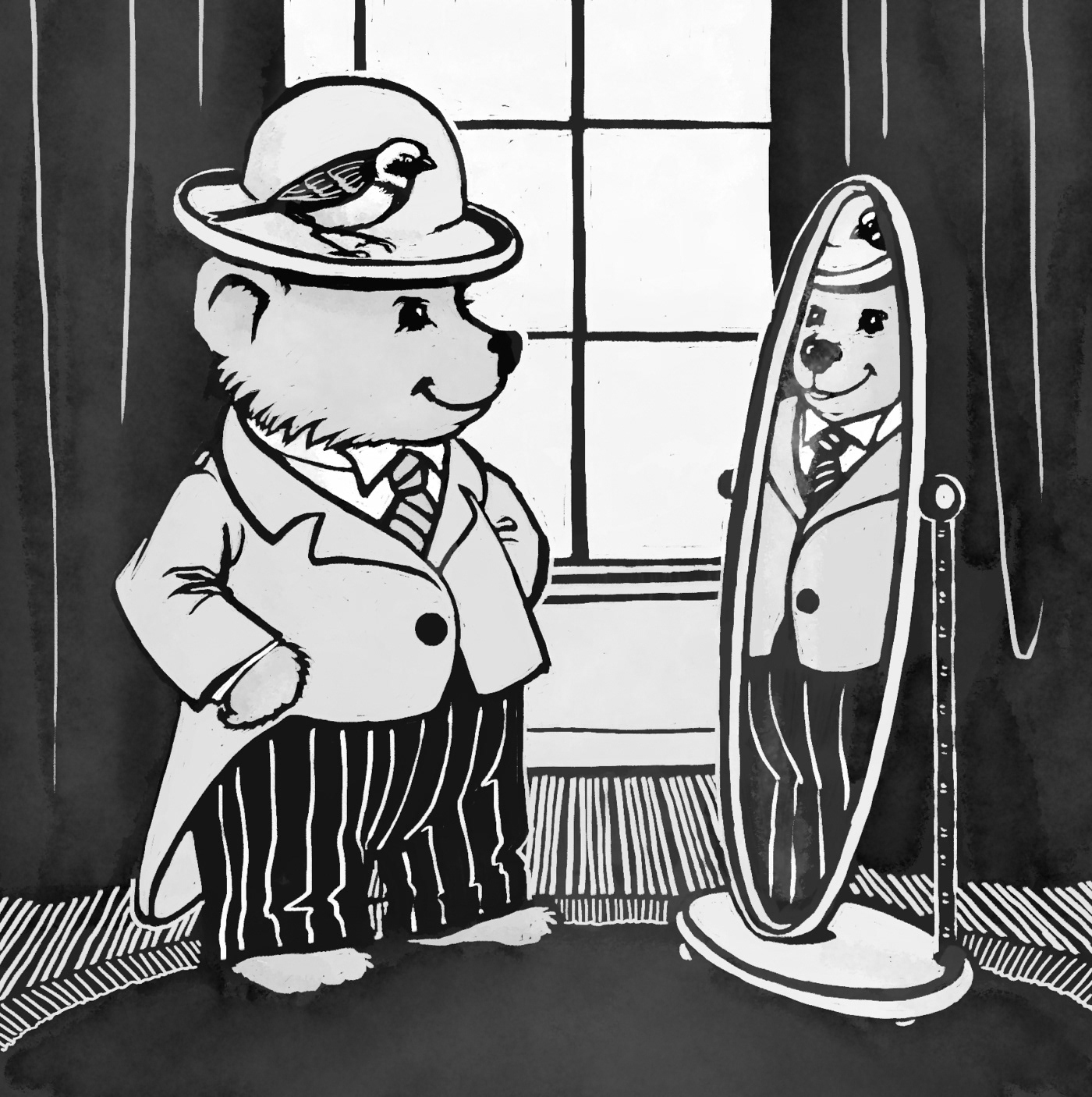 Linocut style illustration of a bear dressed in a suit looking in a mirror, with a sparrow perched on his hat