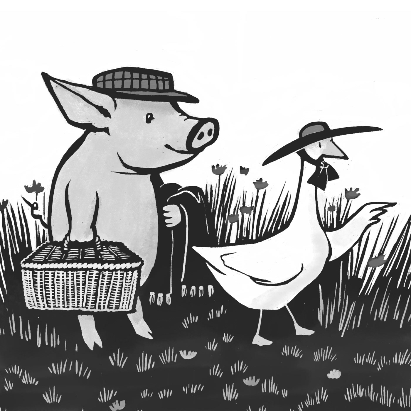 Linocut style illustration of a goose and a pig wearing hats, carrying a picnic basket