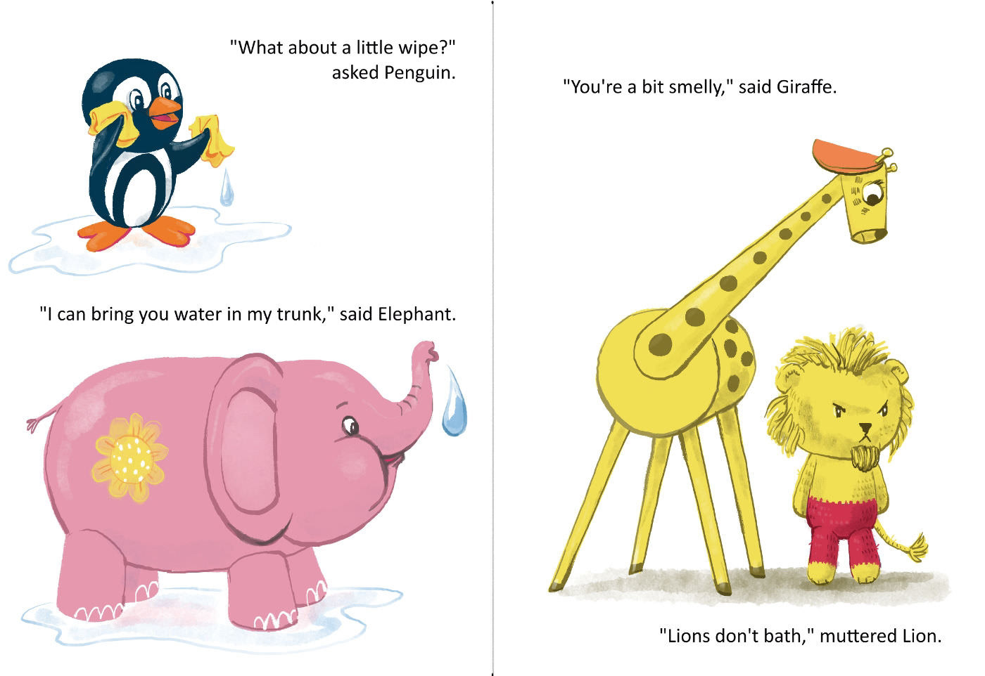 Toy penguin, elephant, giraffe and lion