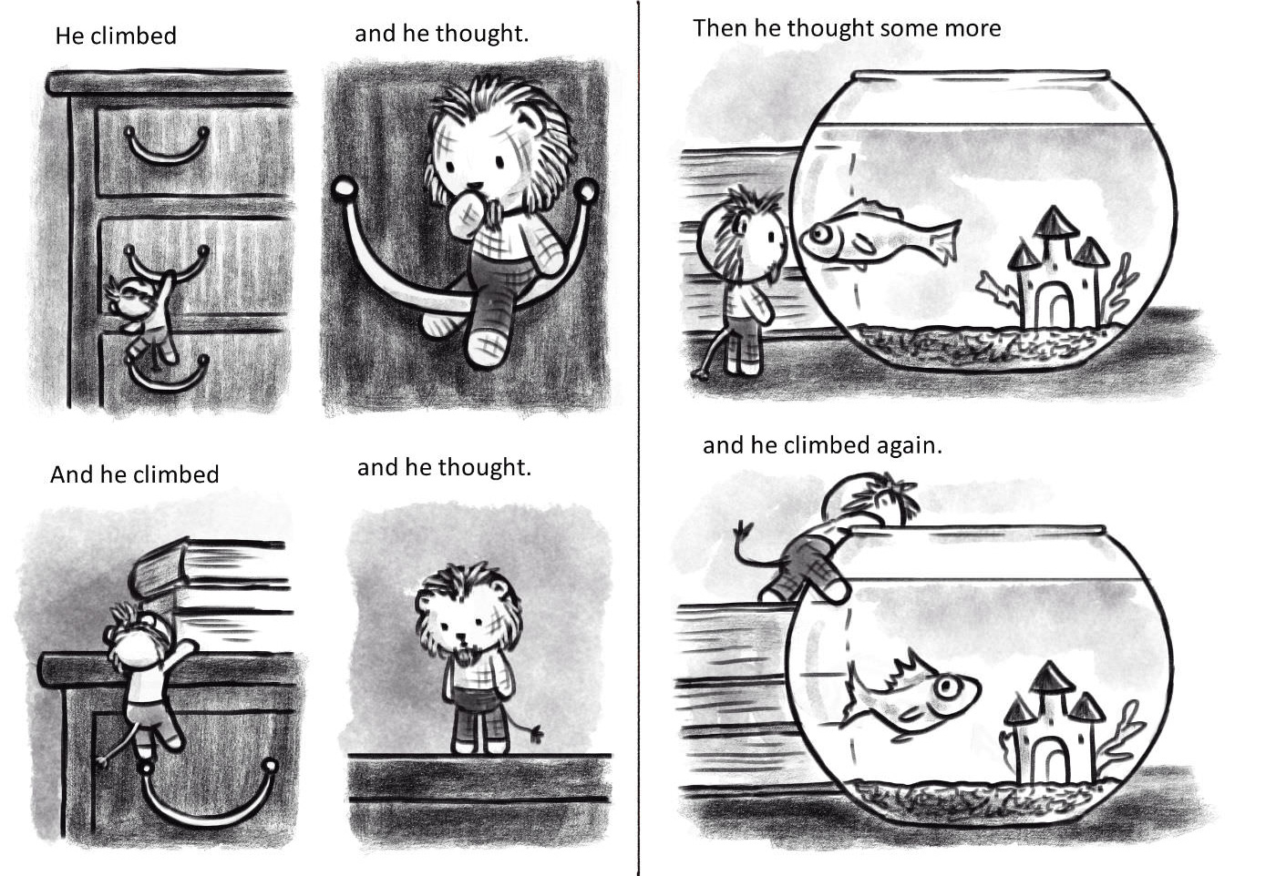 Sequence of images of toy lion climbing up to a goldfish bowl