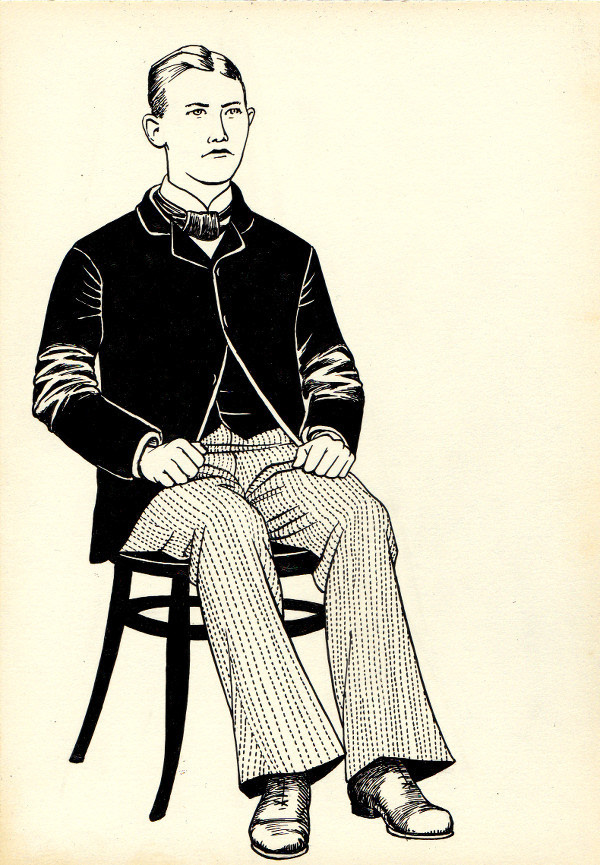 A young man in Victorian clothes sits stiffly on a bentwood chair