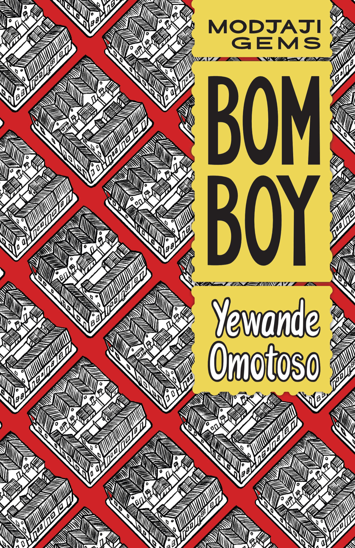 Book cover with a yellow title banner over a repeat pattern of blocks of houses