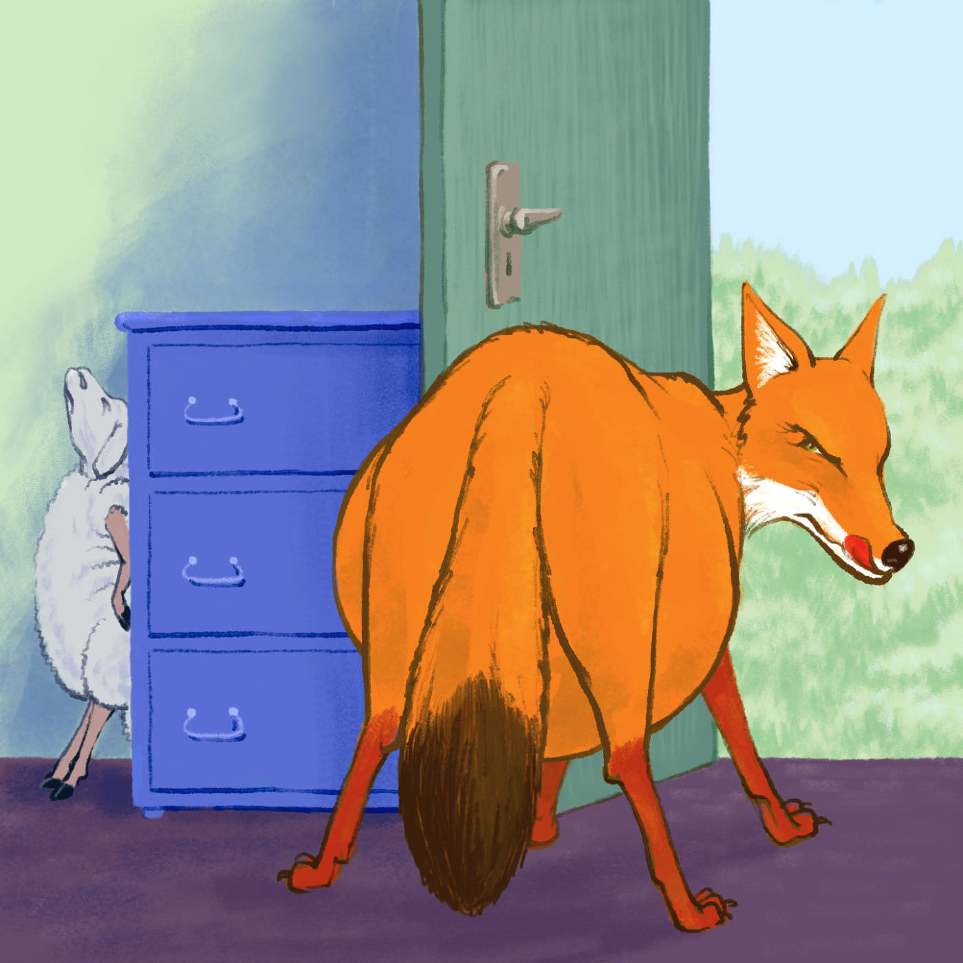 A fox standing at an open door while a lamb hides behind a chest of drawers