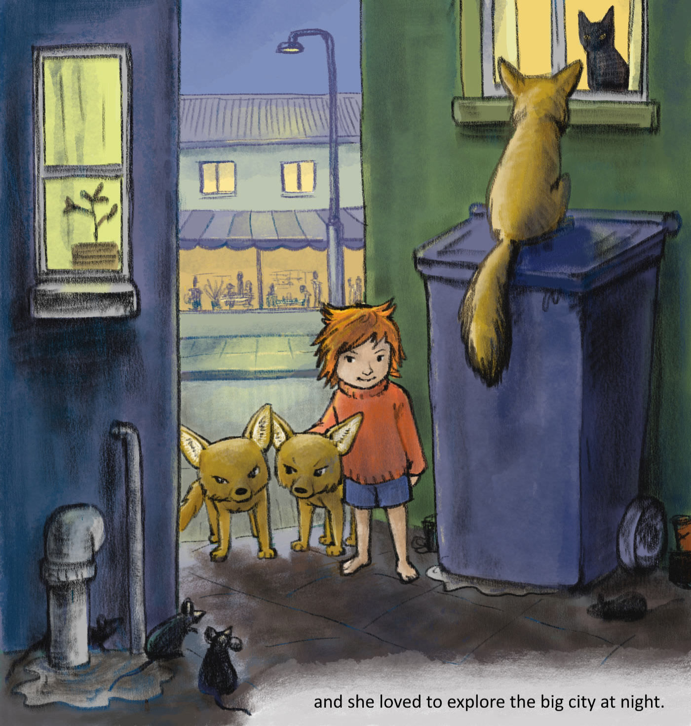A girl and baby foxes in an alley at night with rats and cats.