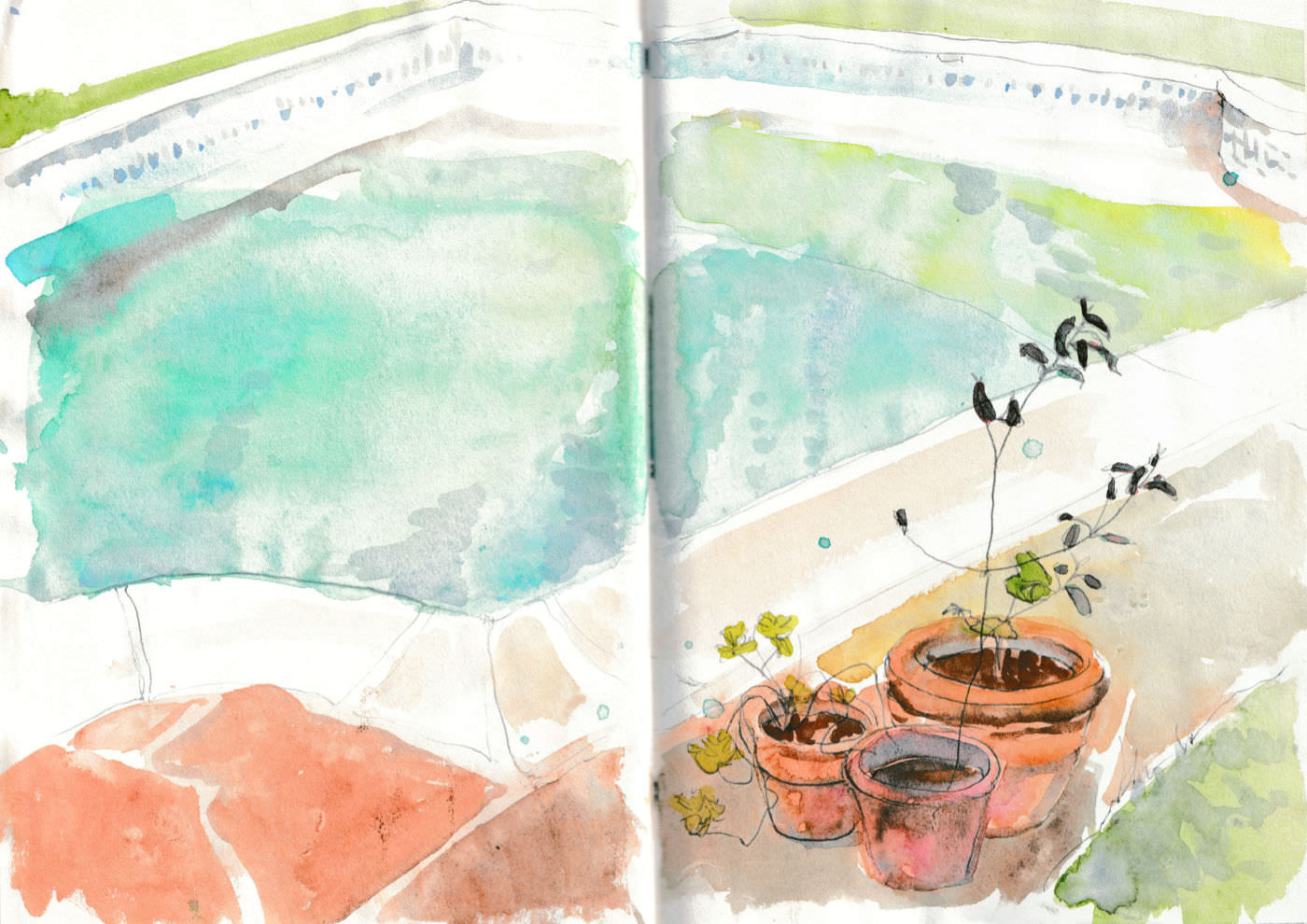 Watercolour and pencil drawing of a swimming pool
