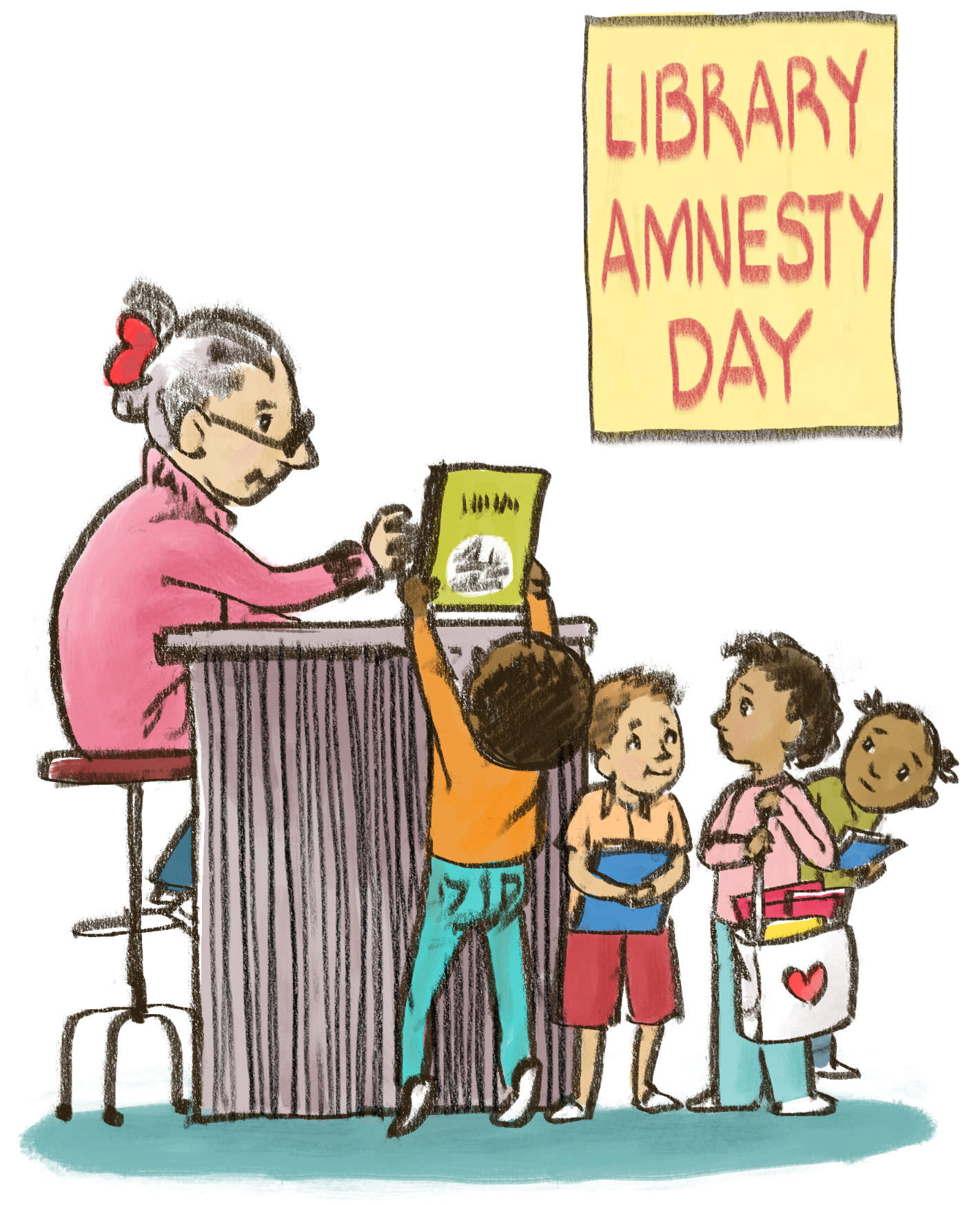 Four young children waiting to return library books. The librarian sits behind a high desk