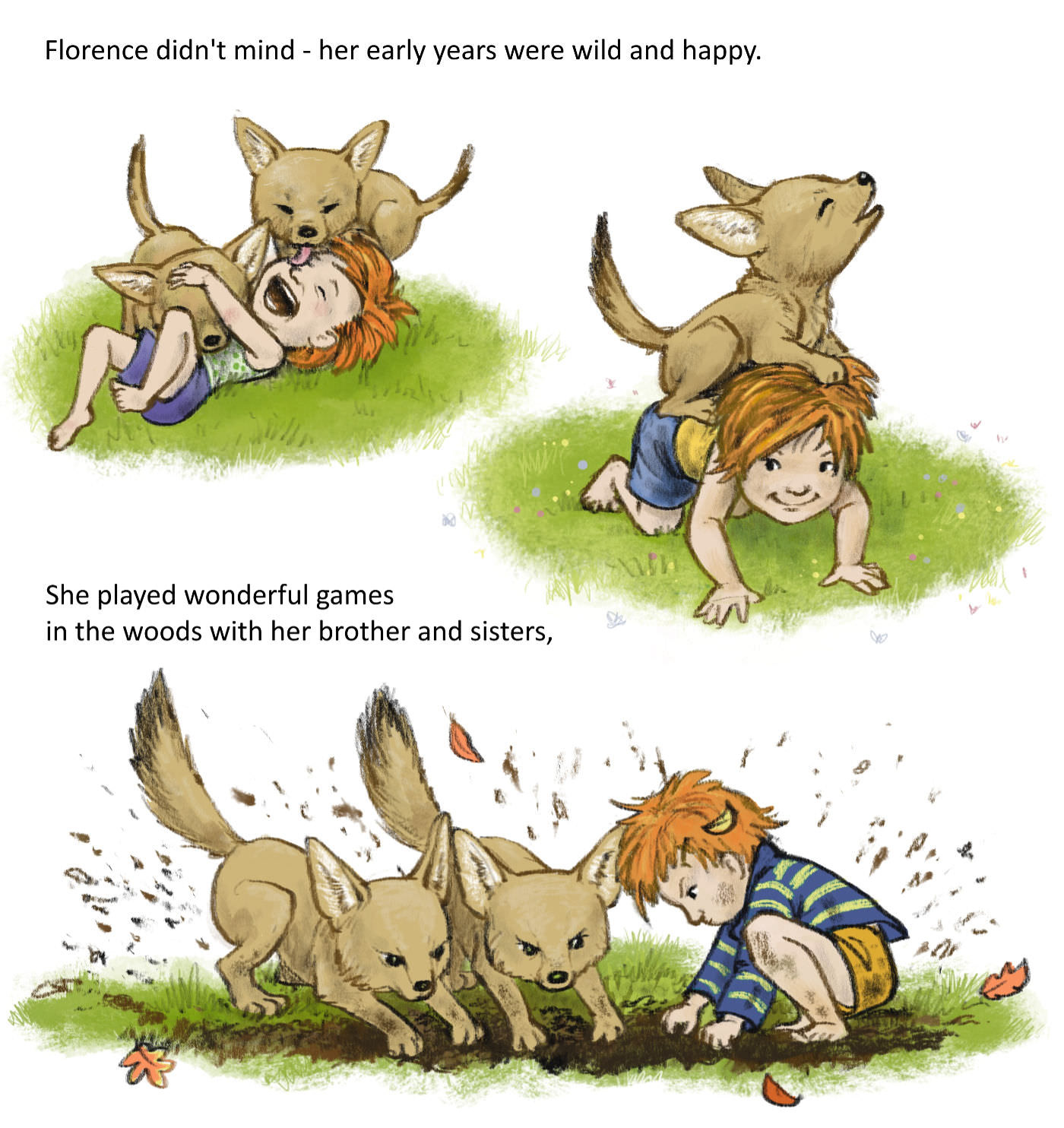 A child playing with baby foxes