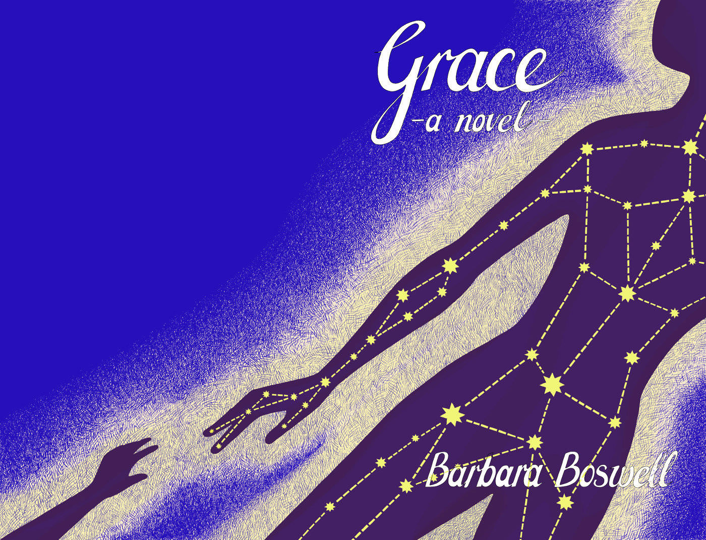 A silhouette of a female figure containing a constellation of stars floats against a blue background