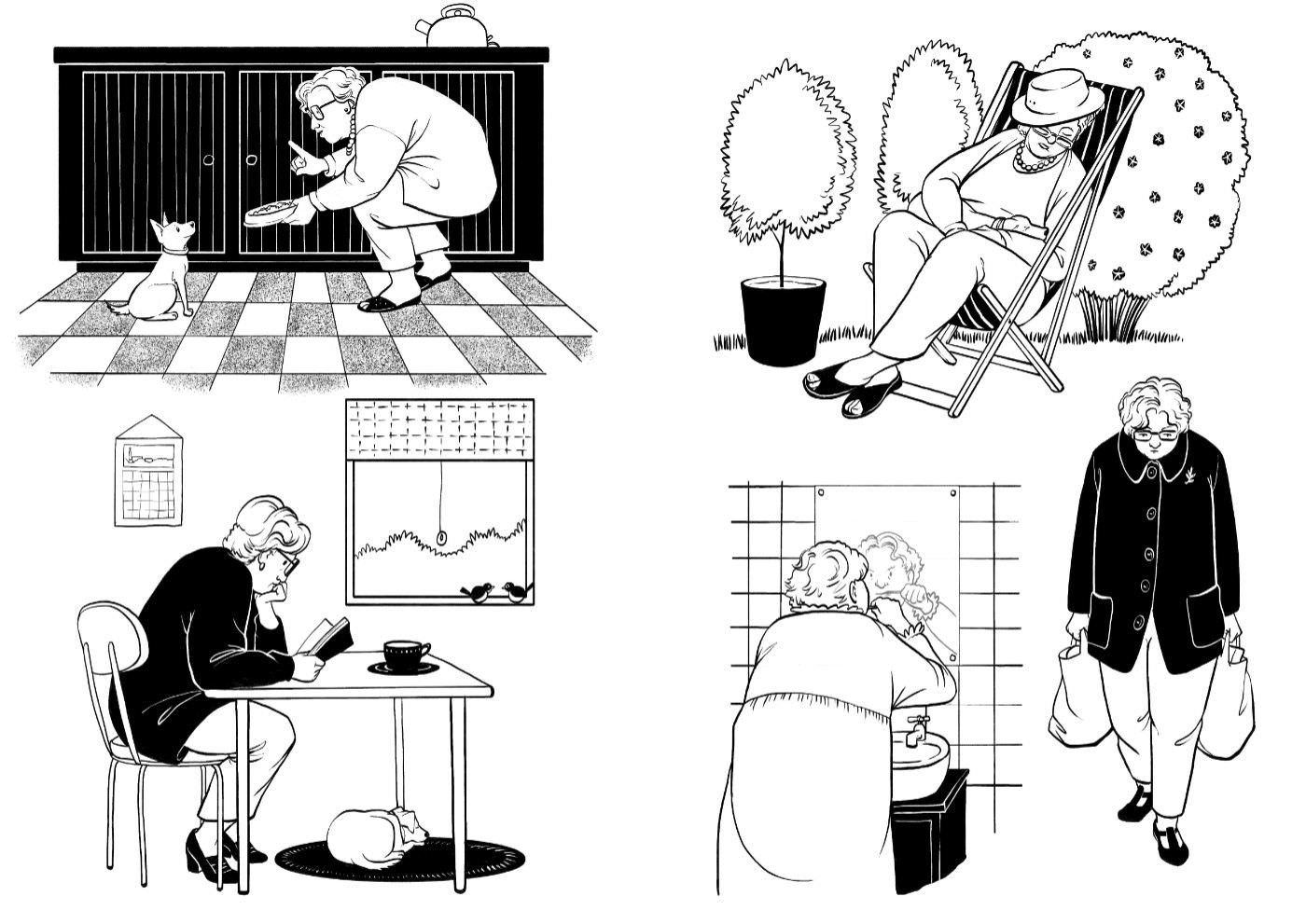 Scenes of daily life. An old woman feeding a small dog in a kitchen, sleeping in a garden chair, reading at a table, brushing her teeth, carrying shopping bags.