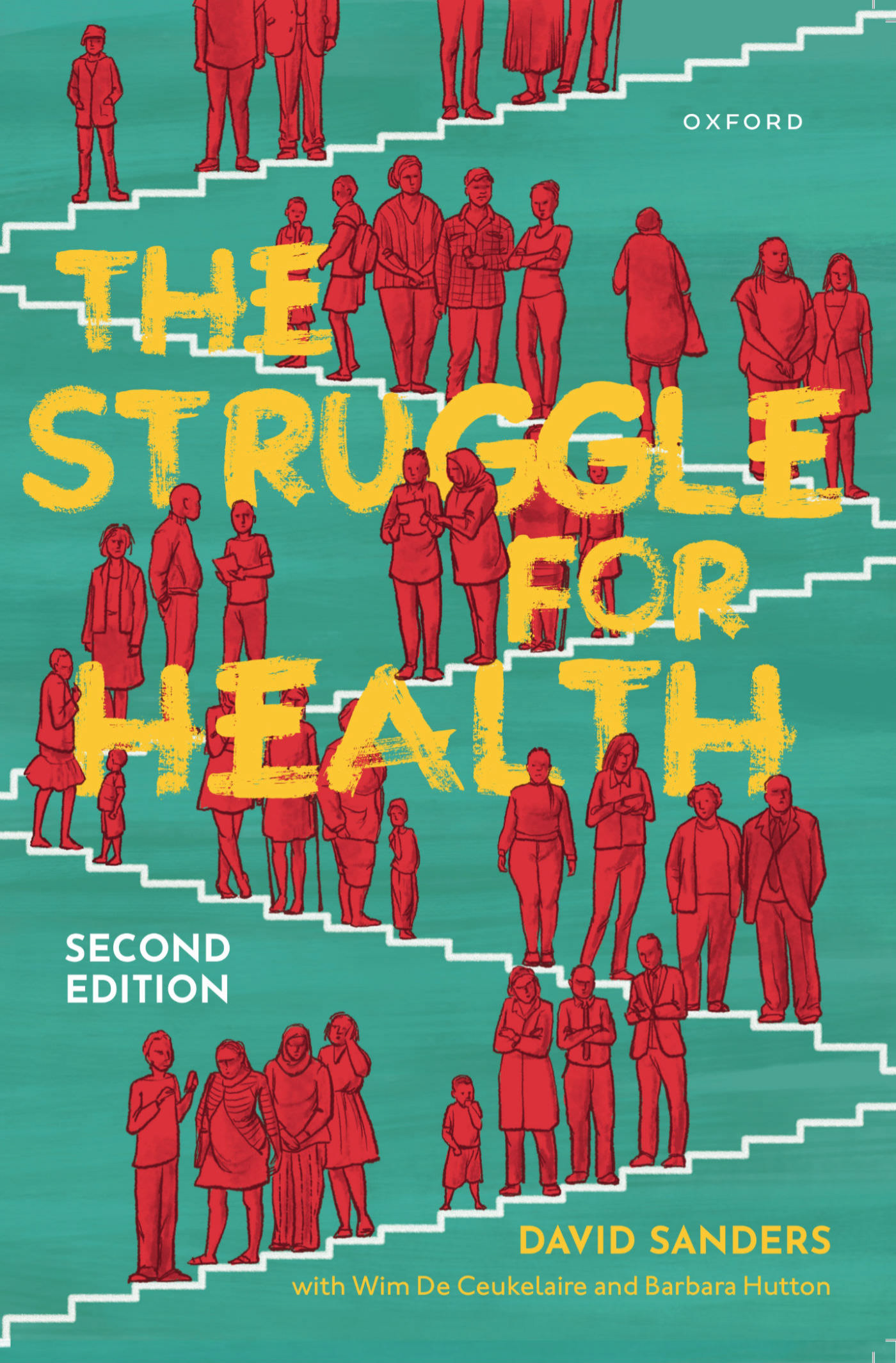 A queue of red figures standing on a white staircase that criss-crosses the page