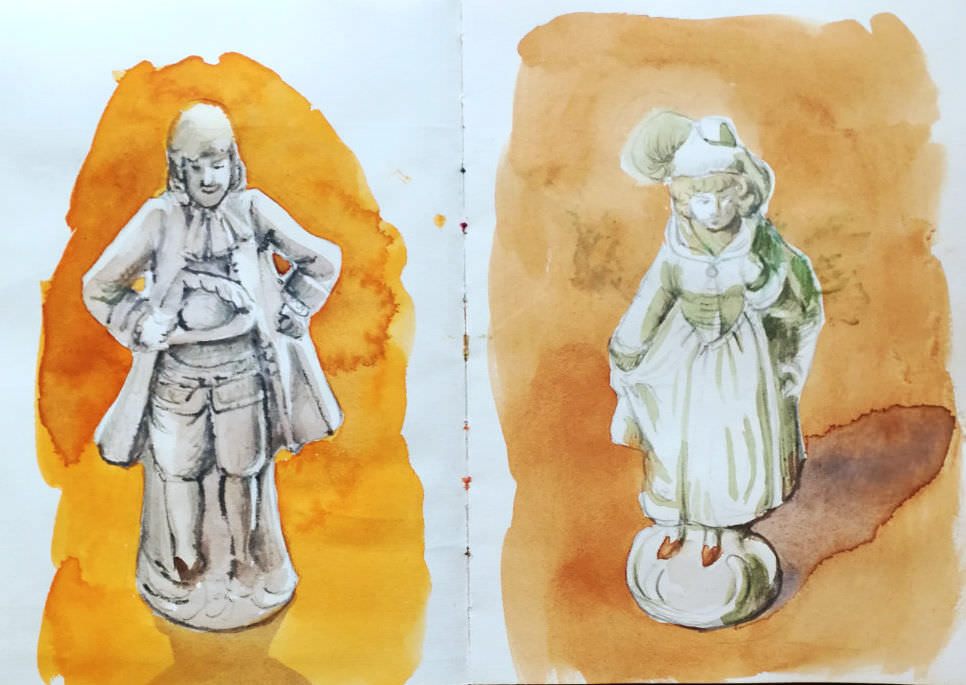 Watercolour and pencil drawing of two white ceramic figurines on an orange background
