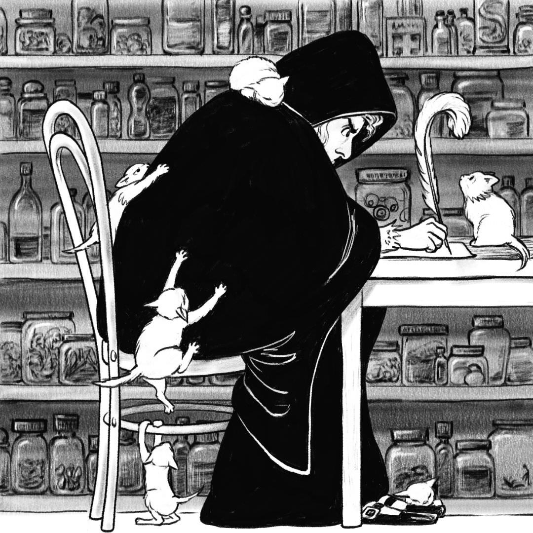 A witch in a cloak sits at a desk writing with a quill pen. White kittens are crawling over her, and over the desk. The background is a wall of shelves containing glass bottles with mysterious contents