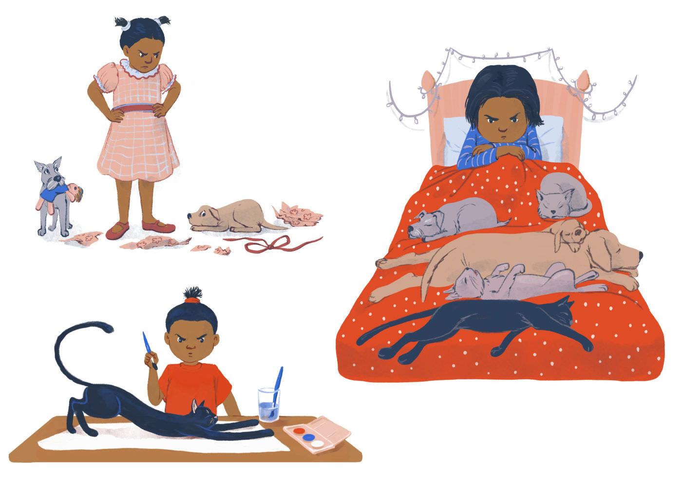 Various small scenes of a young girl with cats and dogs