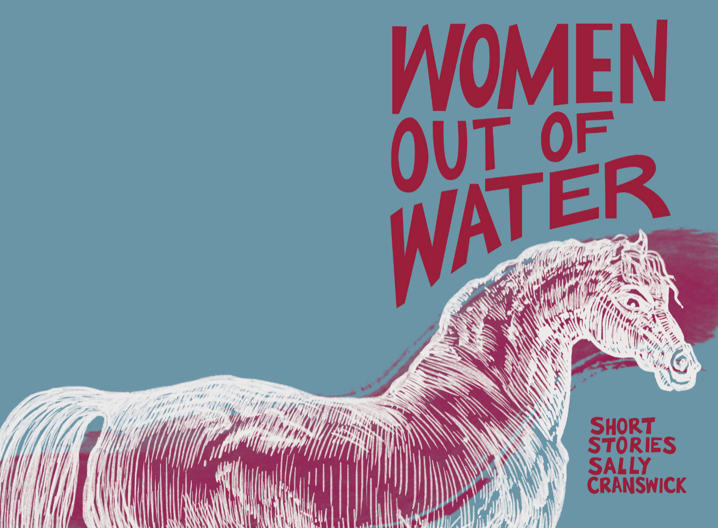 A white ink drawing of a horse on a blue background, with red lettering