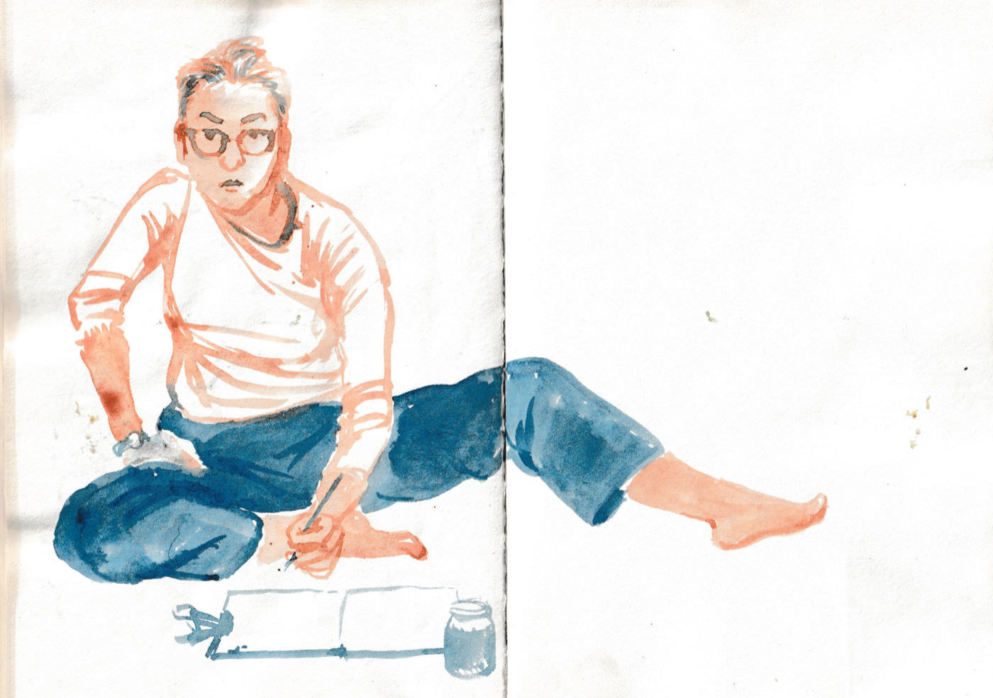 Watercolour painting of a woman sitting drawing