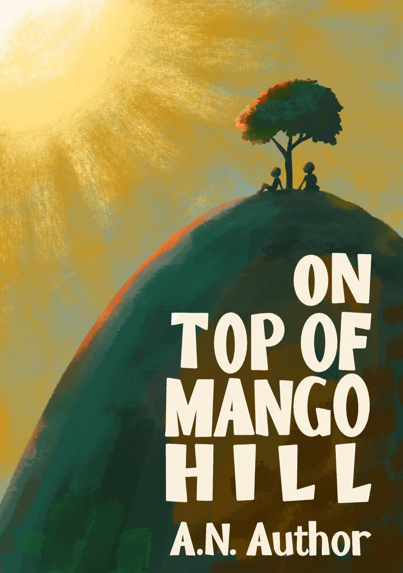 Two small figures sit silhouetted under a tree on top of a hill, with a huge sun shining down on them