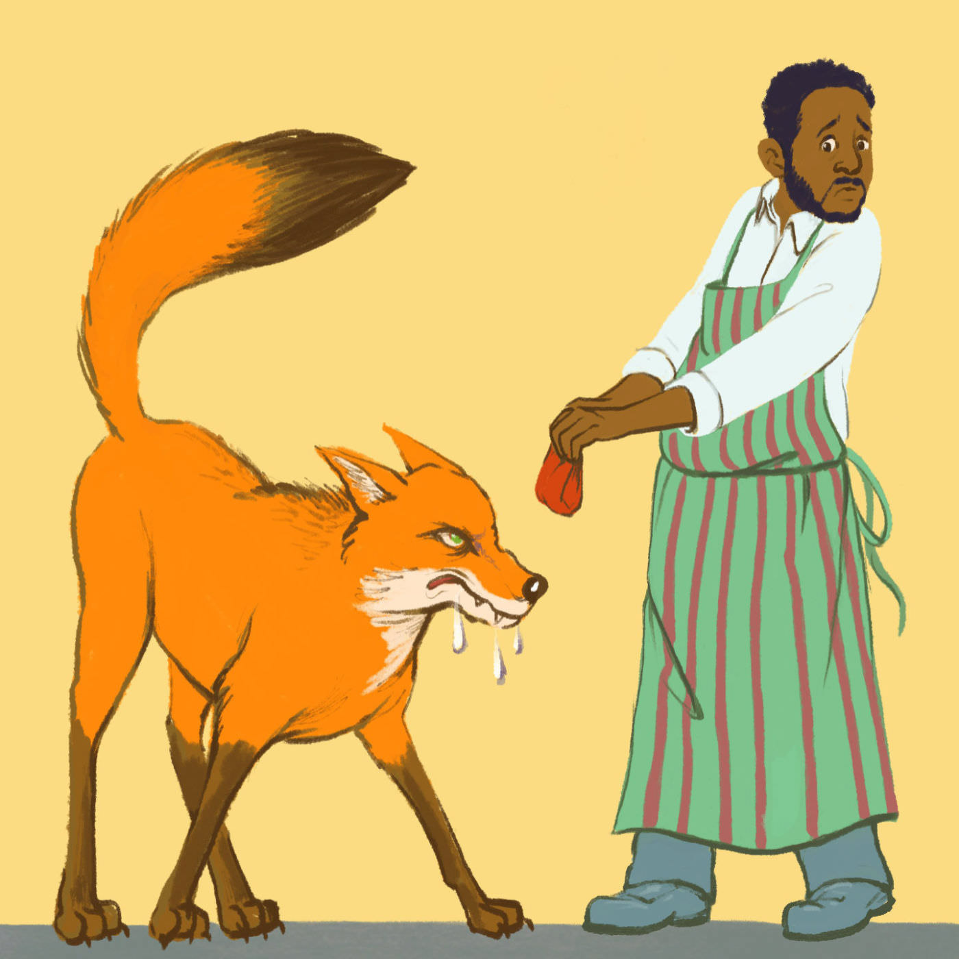 A fox snarling at a man holding a packet of spice