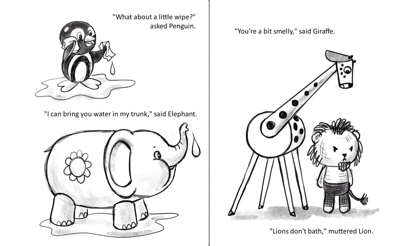 Penguin, elephant, giraffe and lion toys 