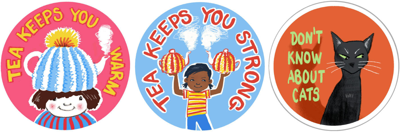 three sticker illustrations. A girl with a teapot in a teacosy on her head. A girl holding two teapots. A black cat