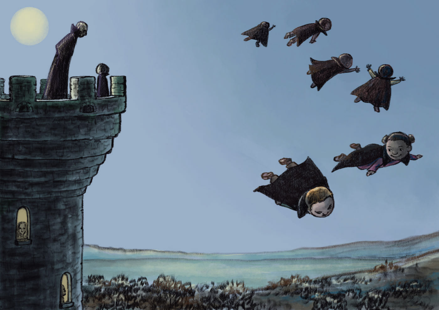 Young vampires flying away from a castle turret at night