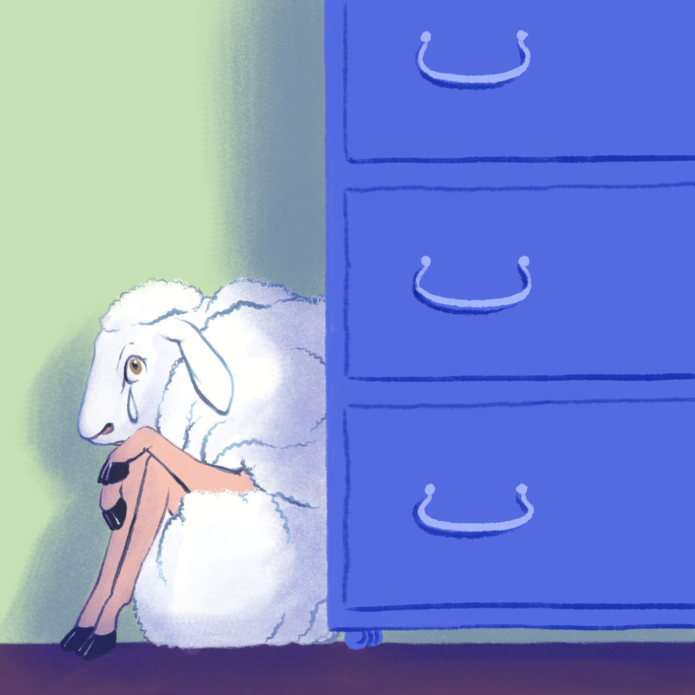 A frightened tearful lamb hiding behind a blue chest of drawers