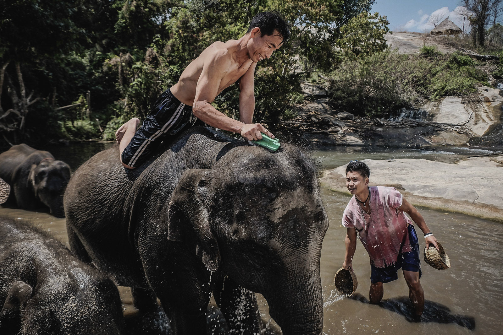Thailand, 2021-2022, A tourist bathes with an elephant in an ethical camp in the Chiang Mai region. Photograph by Maxime Gruss / Hans Lucas.Thailand, 2021-2022,Un touriste se baigne avec un éléphant dans un camp éthique de la région de Chiang Mai. Photographie de Maxime Gruss / Hans Lucas.