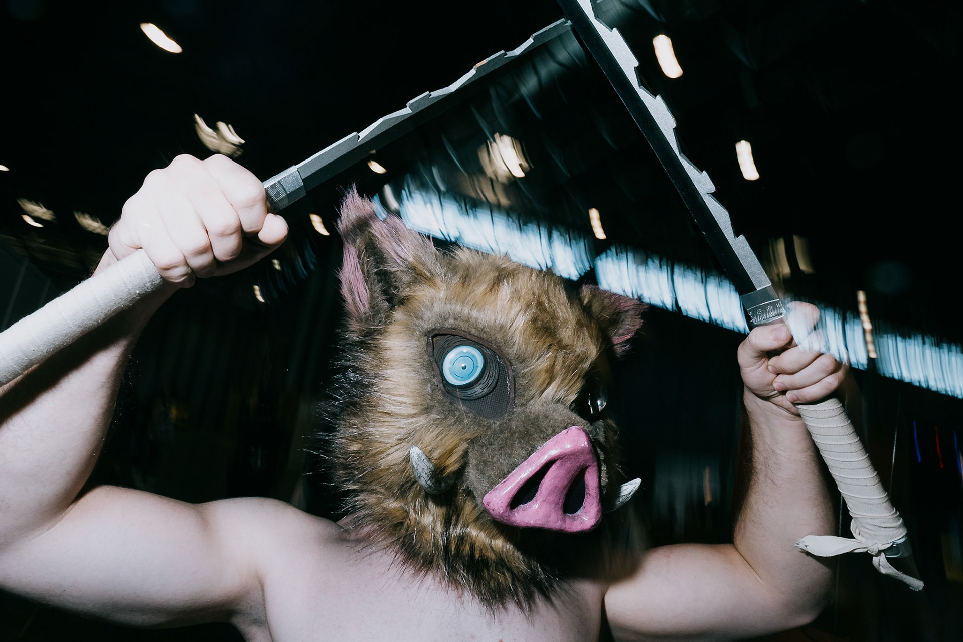 France, Paris, 2022-07-16.  Inosuke Hashibira from the anime Kimetsu no Yaiba or Demon Slayer. Japan expo in Paris Nord Villepinte from July 14 to 17, 2022. Photograph by Maxime Gruss / Hans Lucas.France, Paris, 2022-07-16. Inosuke Hashibira de l anime Kimetsu no Yaiba ou Demon Slayer. Salon Japan expo a Paris Nord Villepinte du 14 au 17 Juillet 2022. .Photographie de Maxime Gruss / Hans Lucas.