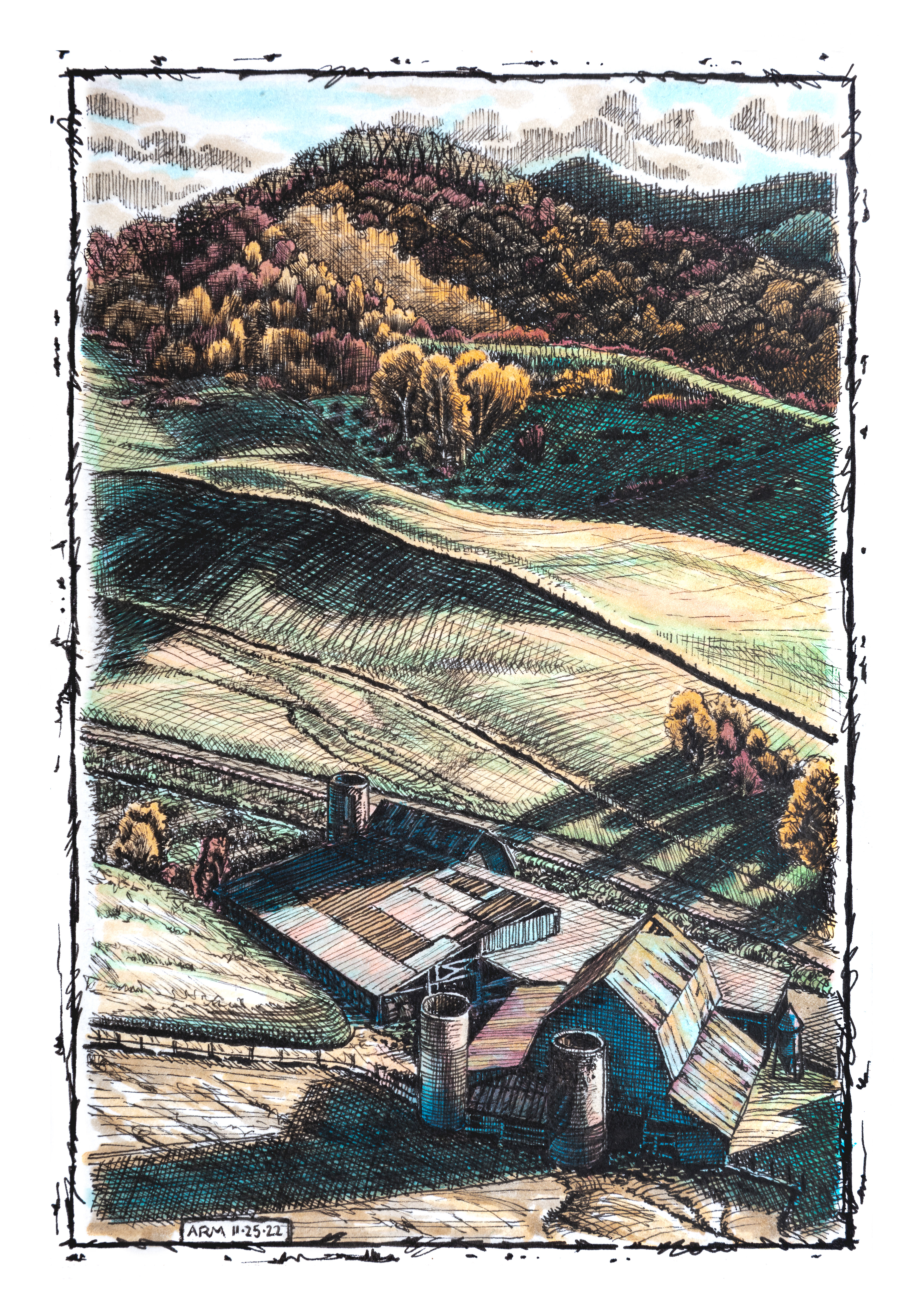 "Three silos" Pen and ink- 4 x 6