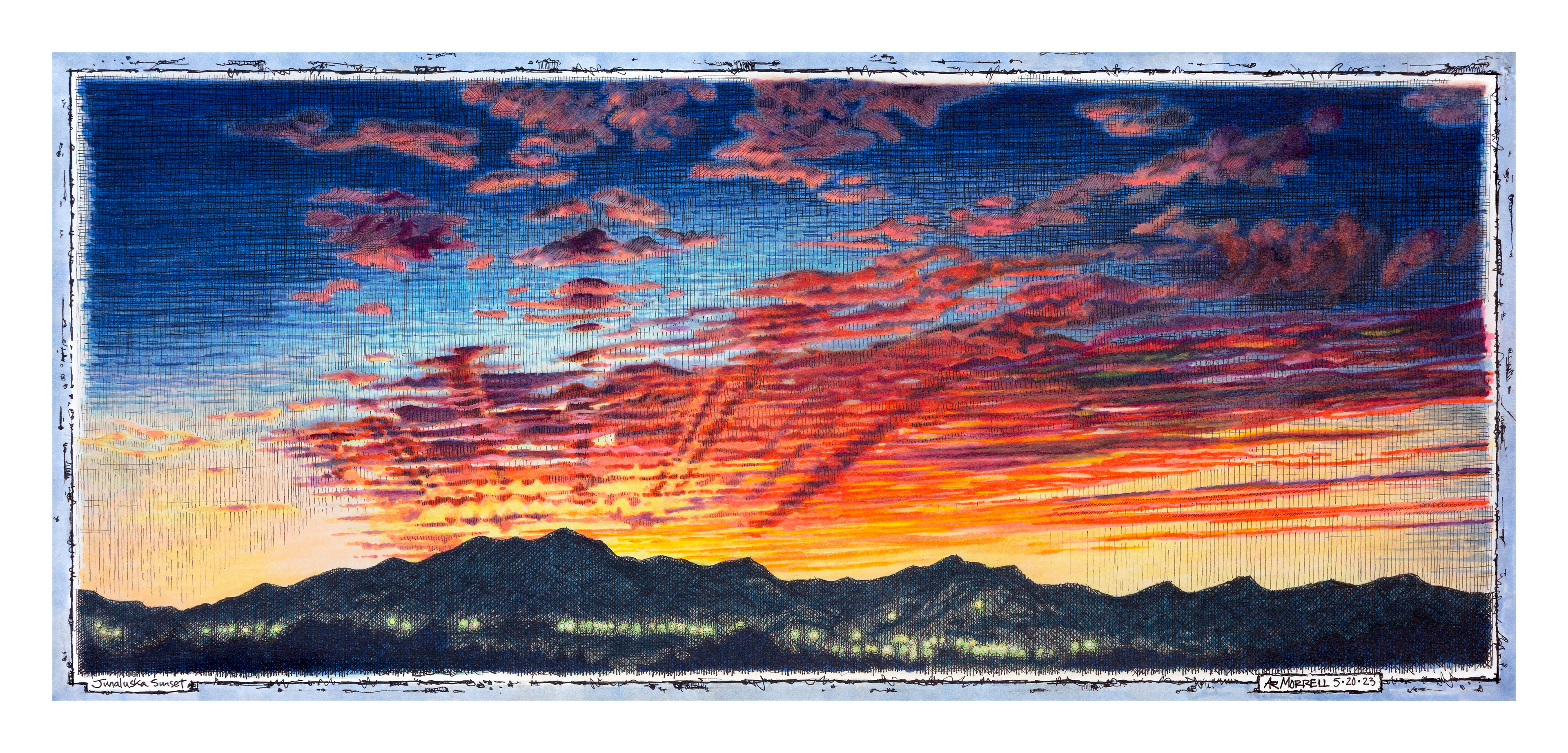 "Junaluska Sunset" Pen and ink- 7.5 x 17