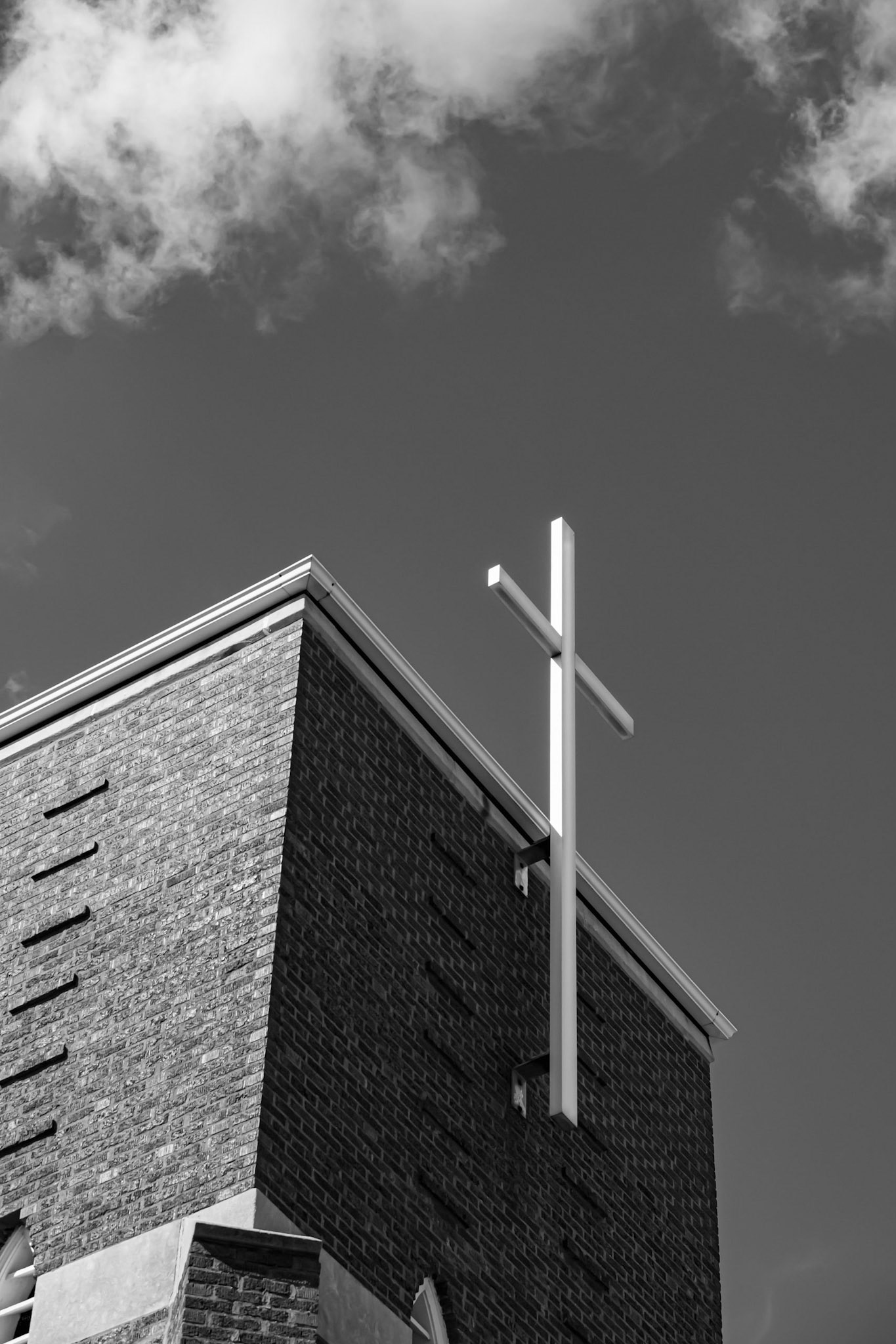 Black and White interpretation - Straightening the iimage would lose the brick detail.
