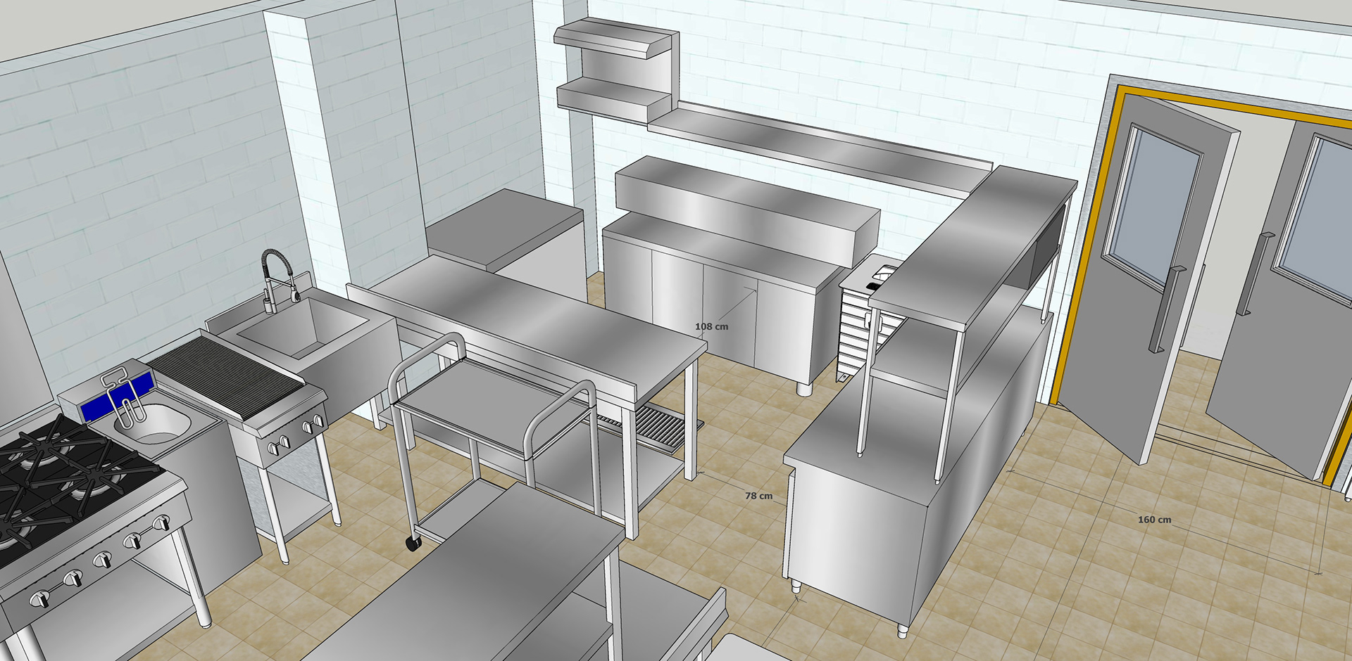 Modรฉlisation 3D et cotes d'une cuisine d'un hรดtel