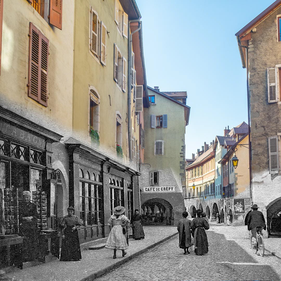 An image showing a combination of Annecy, France in the 19th century combined with the same location but captured in the 21st century. Showing people of "La Belle Epoque" their lifestyle and dress