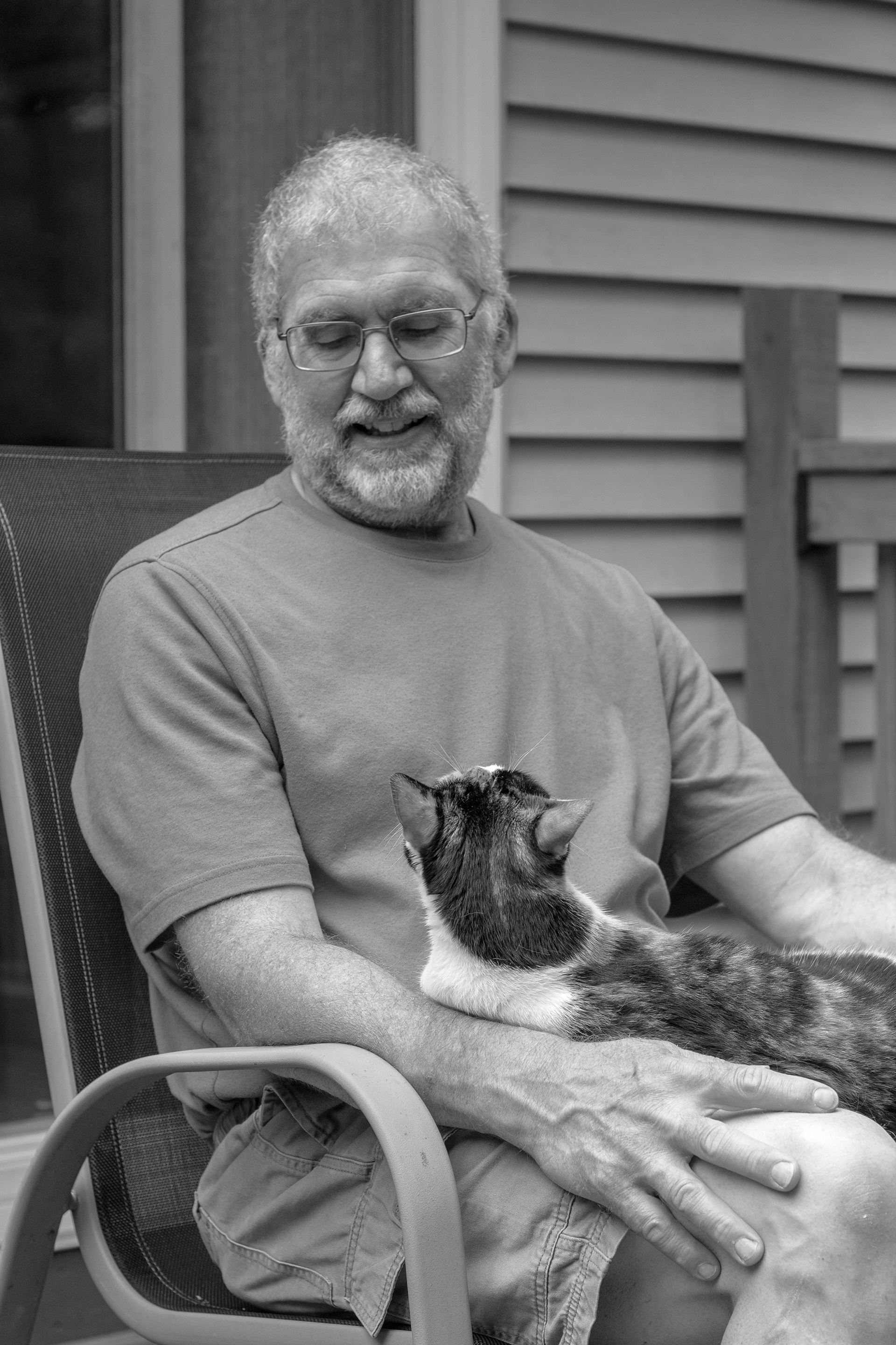 Calico cat sitting on man's lap, gazing up at him.