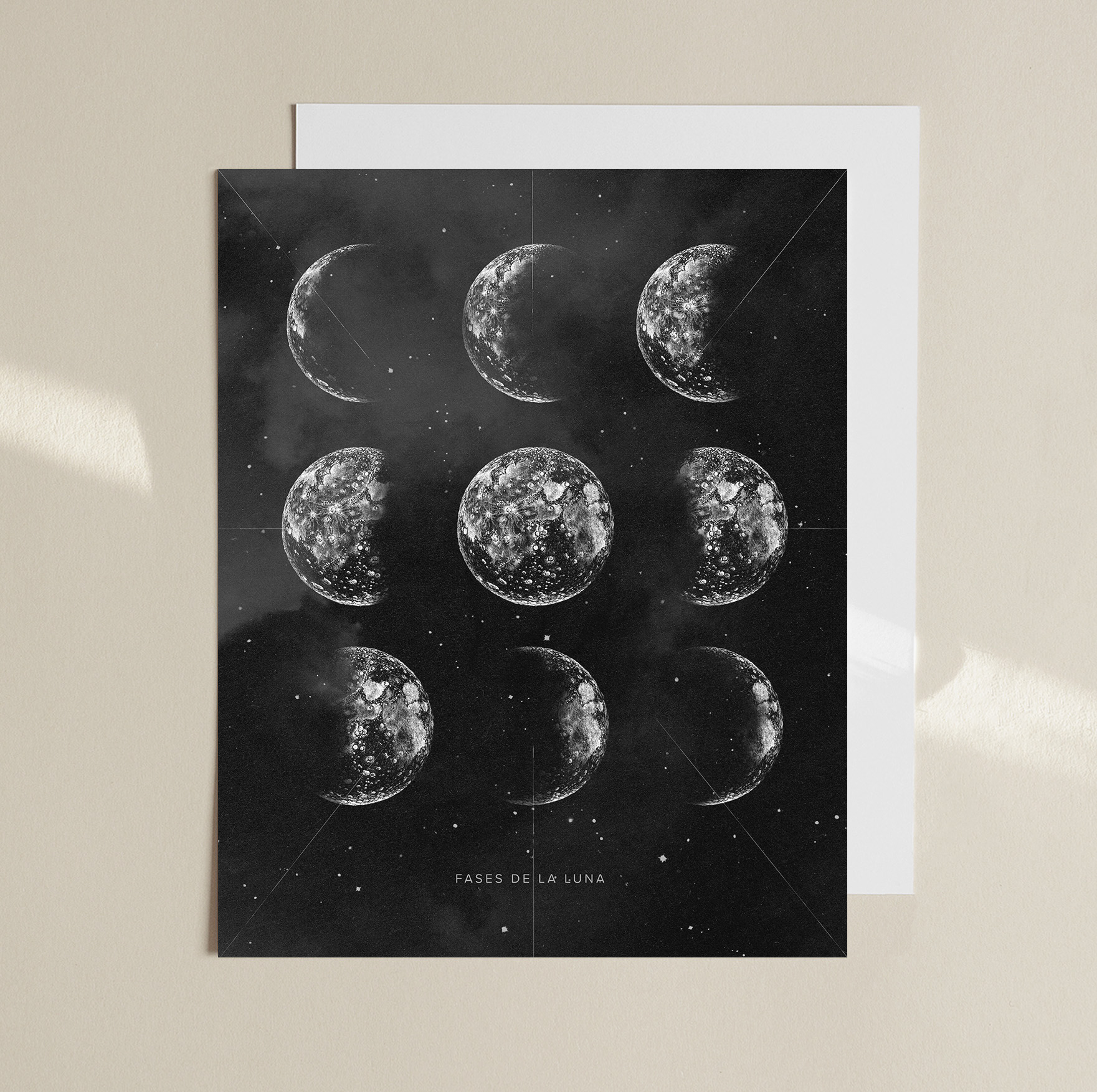 "Moon Phases" - hand drawing of moon and digital painting of all