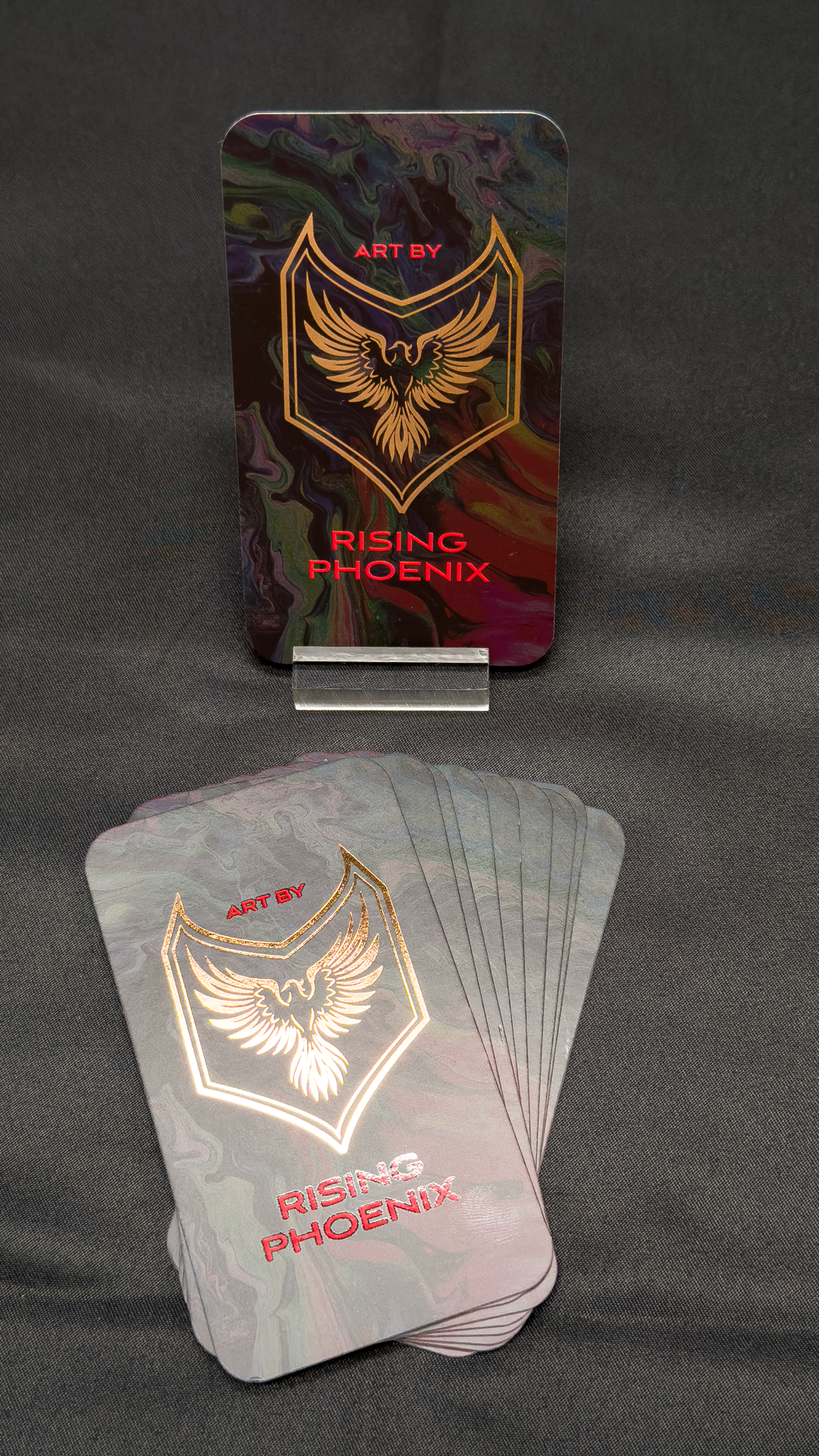 Business Card actual prints (front): Copper foil print on 16lb matte card stock. Spot varnish finishing, with die-cut rounded corners.