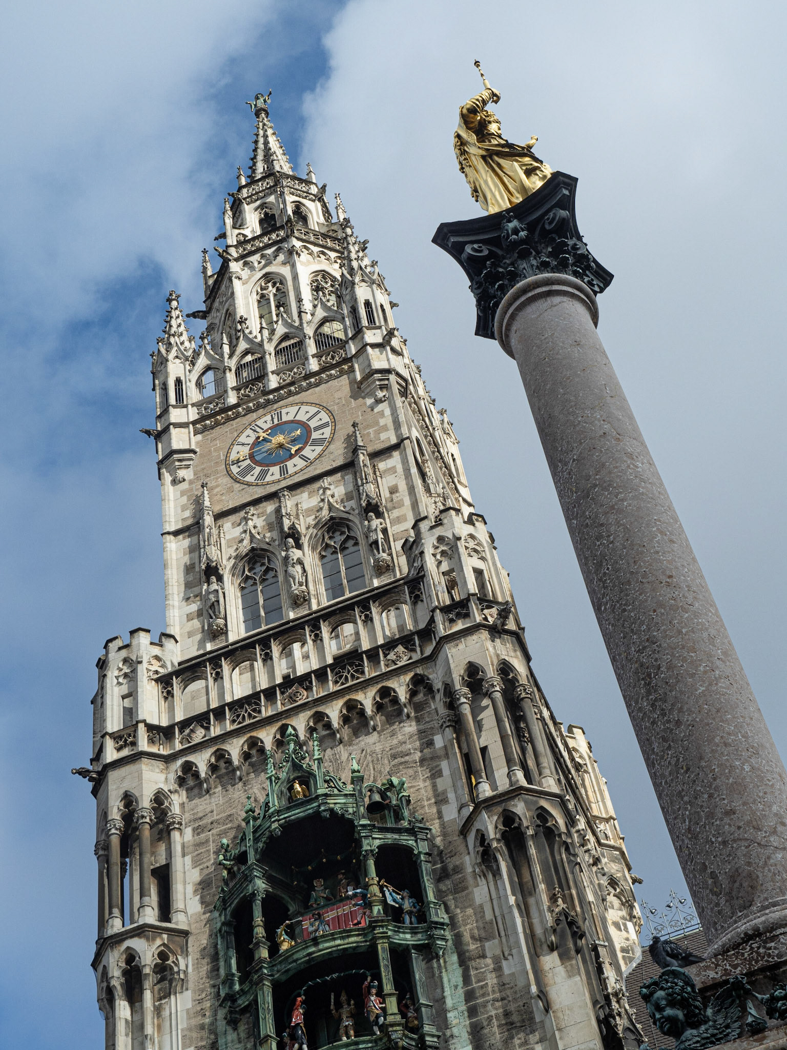 Marienplatz with Neues Rathaus Clock Tower and Mary Column