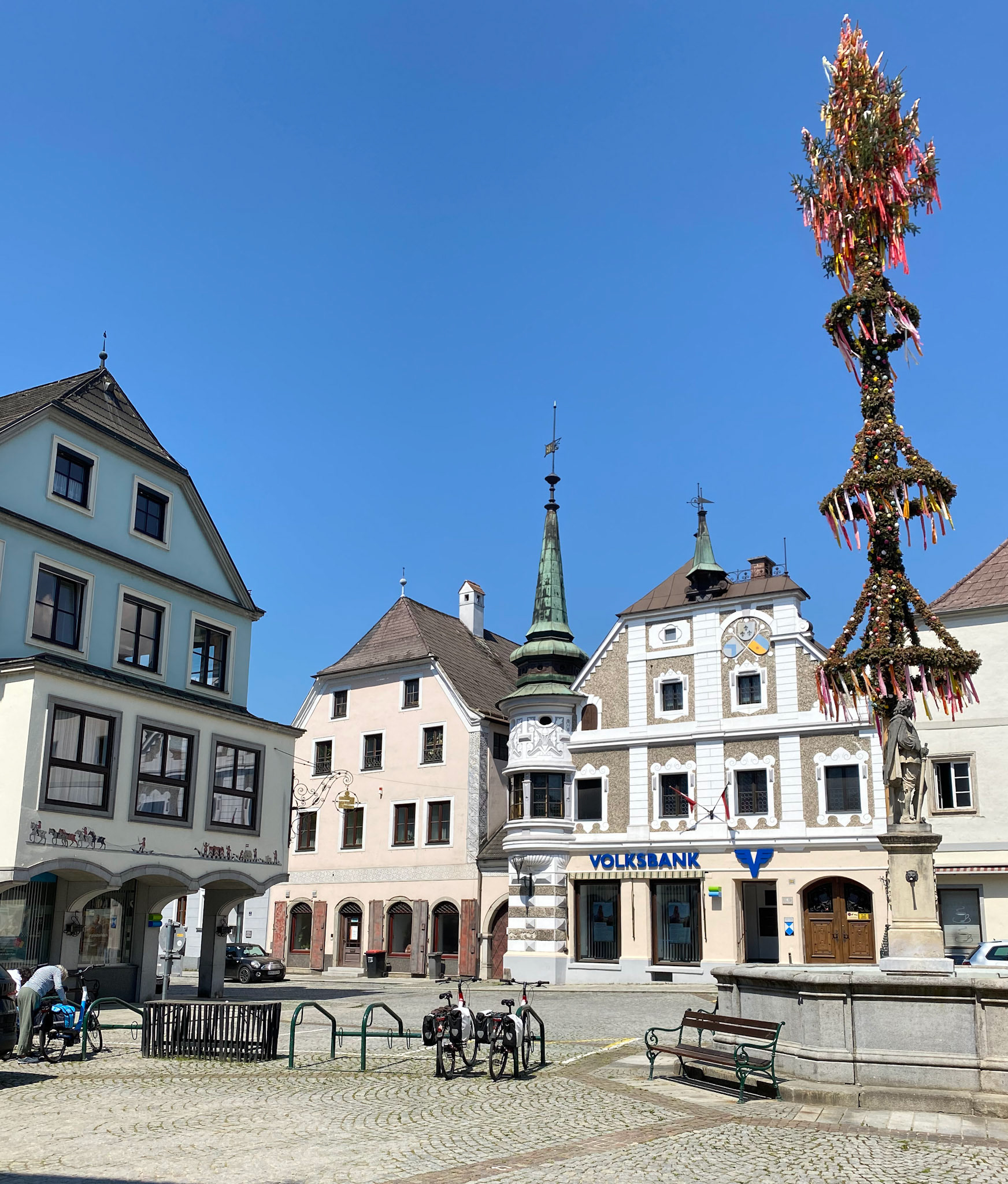 Grein Hauptplatz with May Pole