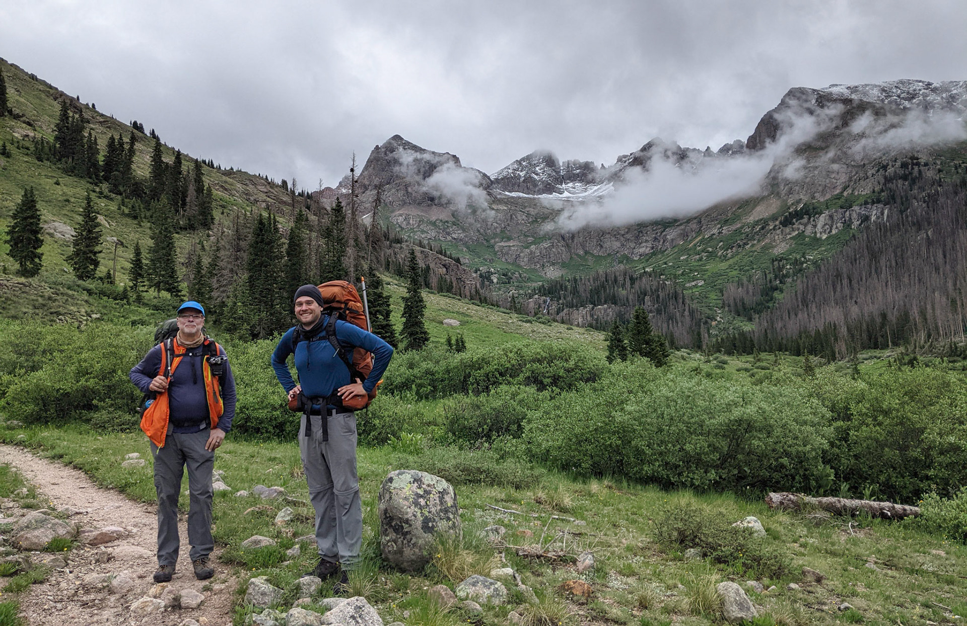 Greg and Mike on  Backpacking Out to Meet the Train (Mt Eolus)