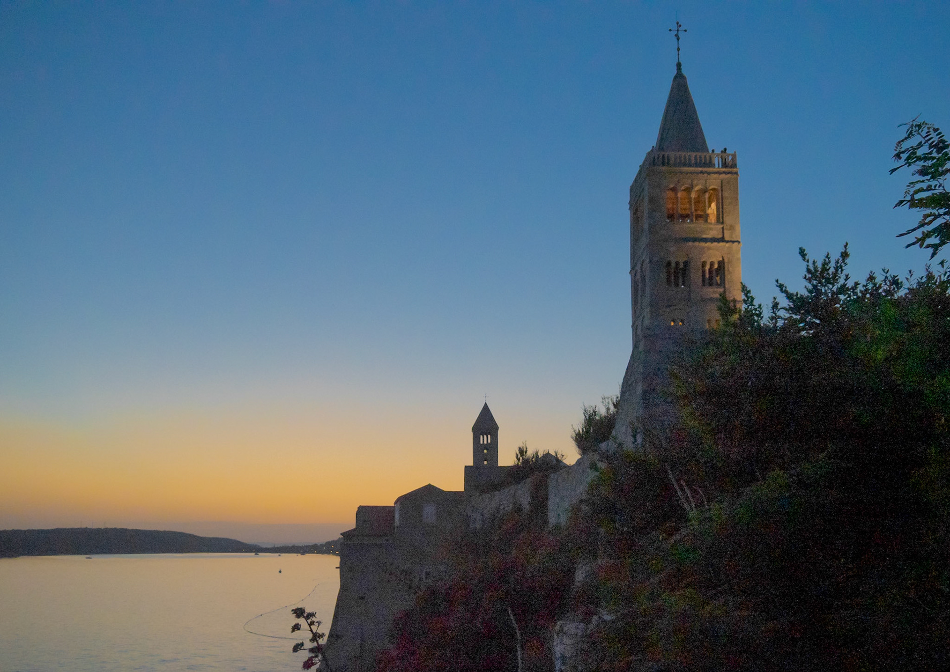 Cathedral and St Andrews Bell Towers at Dusk, Rab