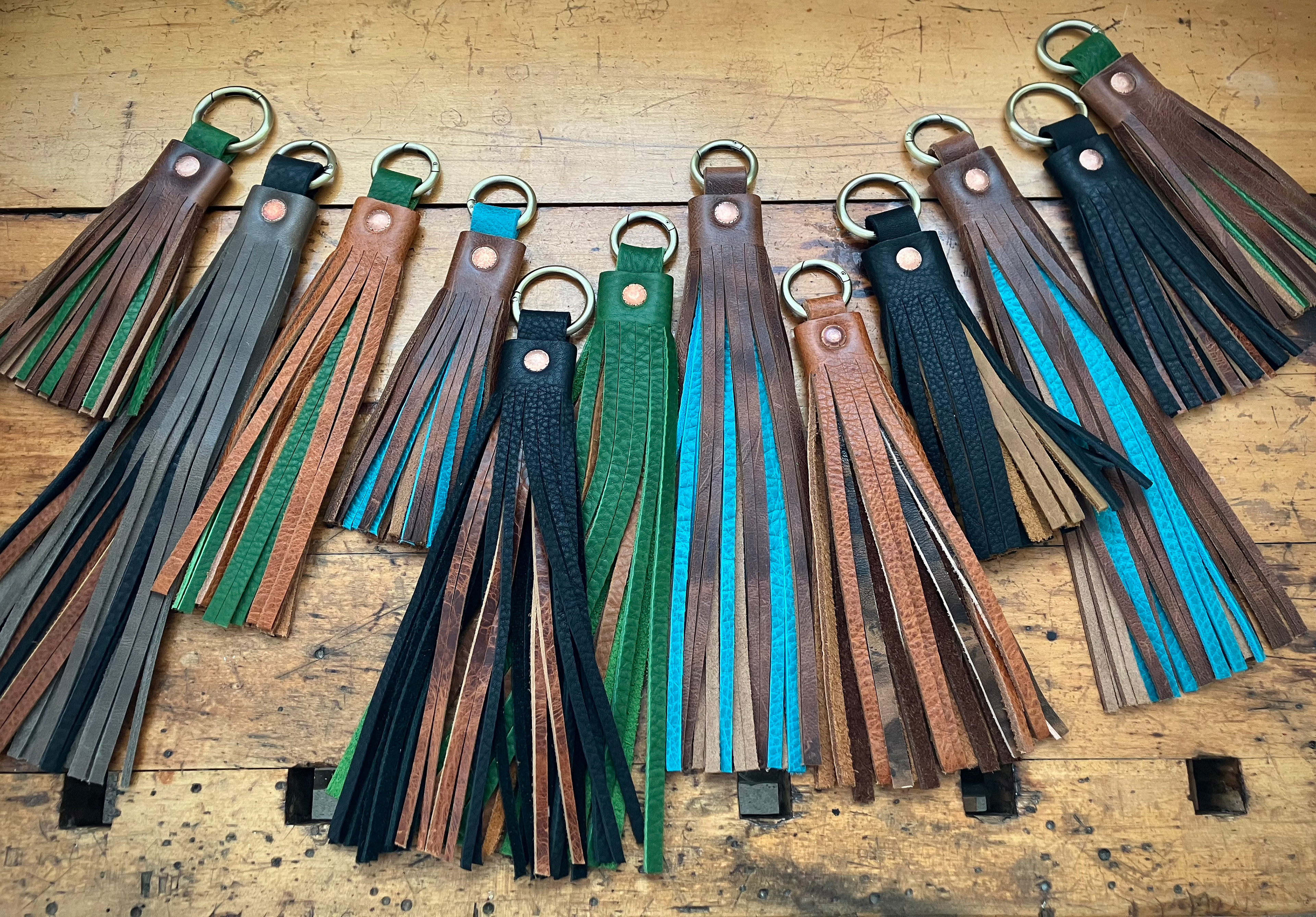 colorful handmade leather tassels, rustic full grain leather accessories