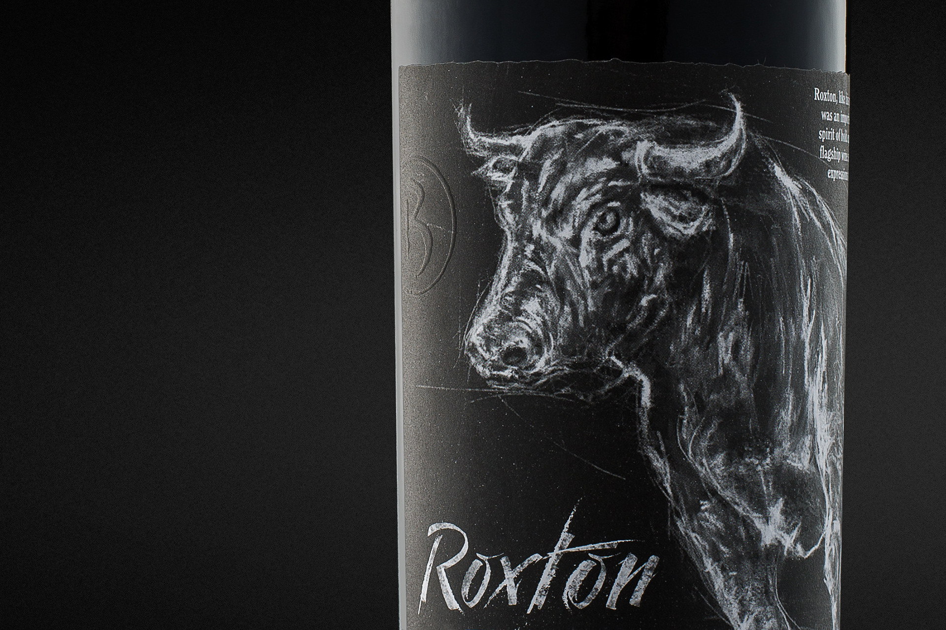 Roxton Black wine label design close-up illustration detail