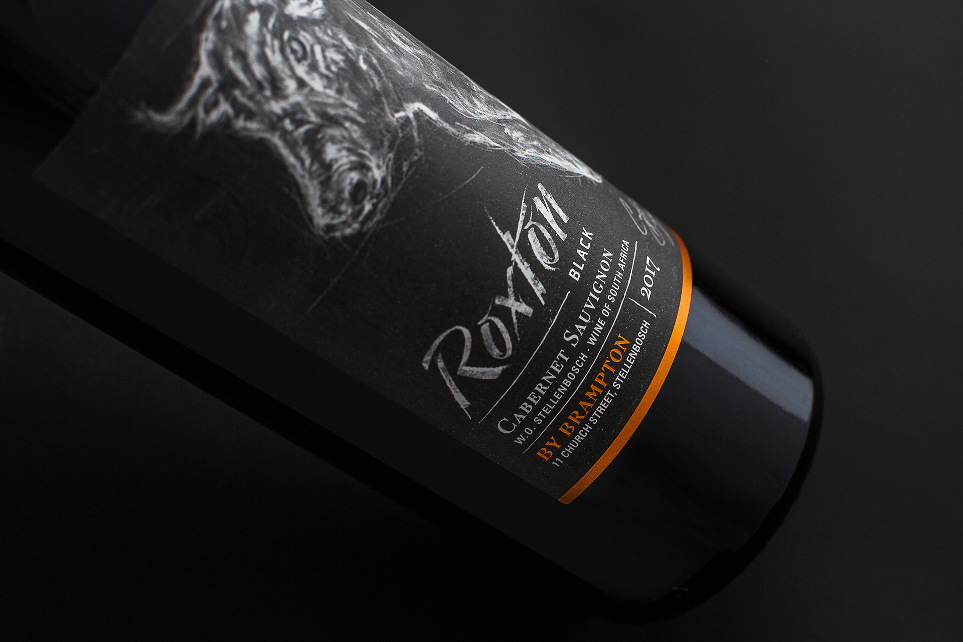 Roxton Black wine label design close-up details
