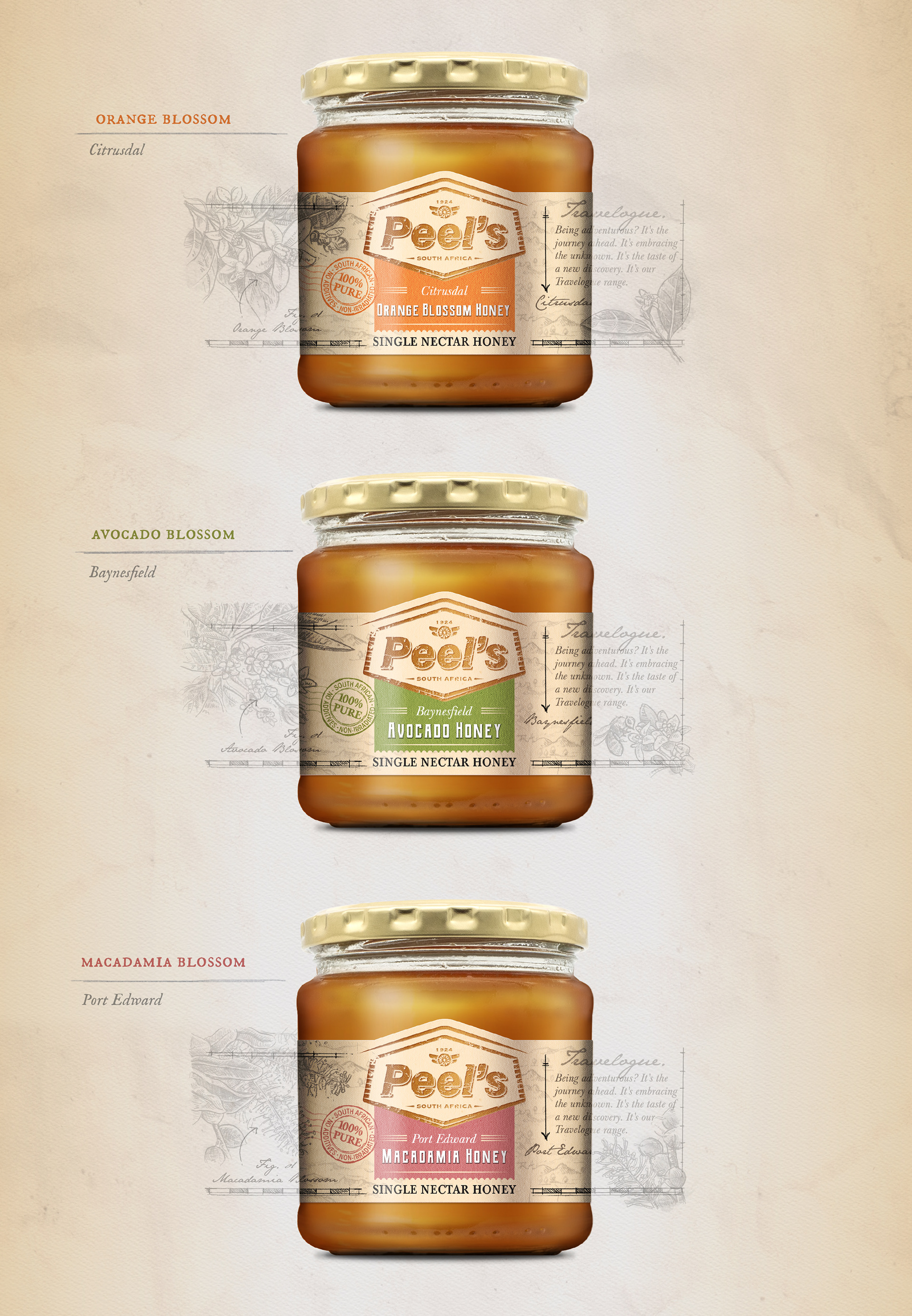 Peel's Honey jar label designs for Travelogue range
